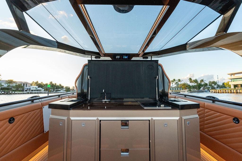 Luxurious 2023 DeKoning 43 yacht interior with sleek design and modern amenities.