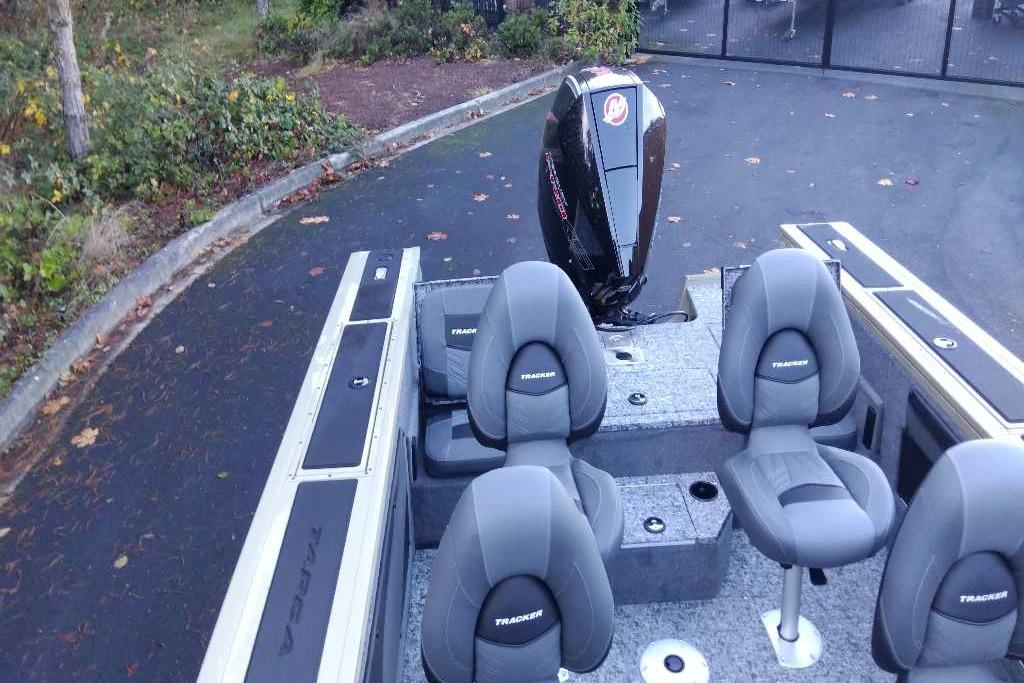 2026 Tracker Targa V-19 Combo boat interior with seating and motor.