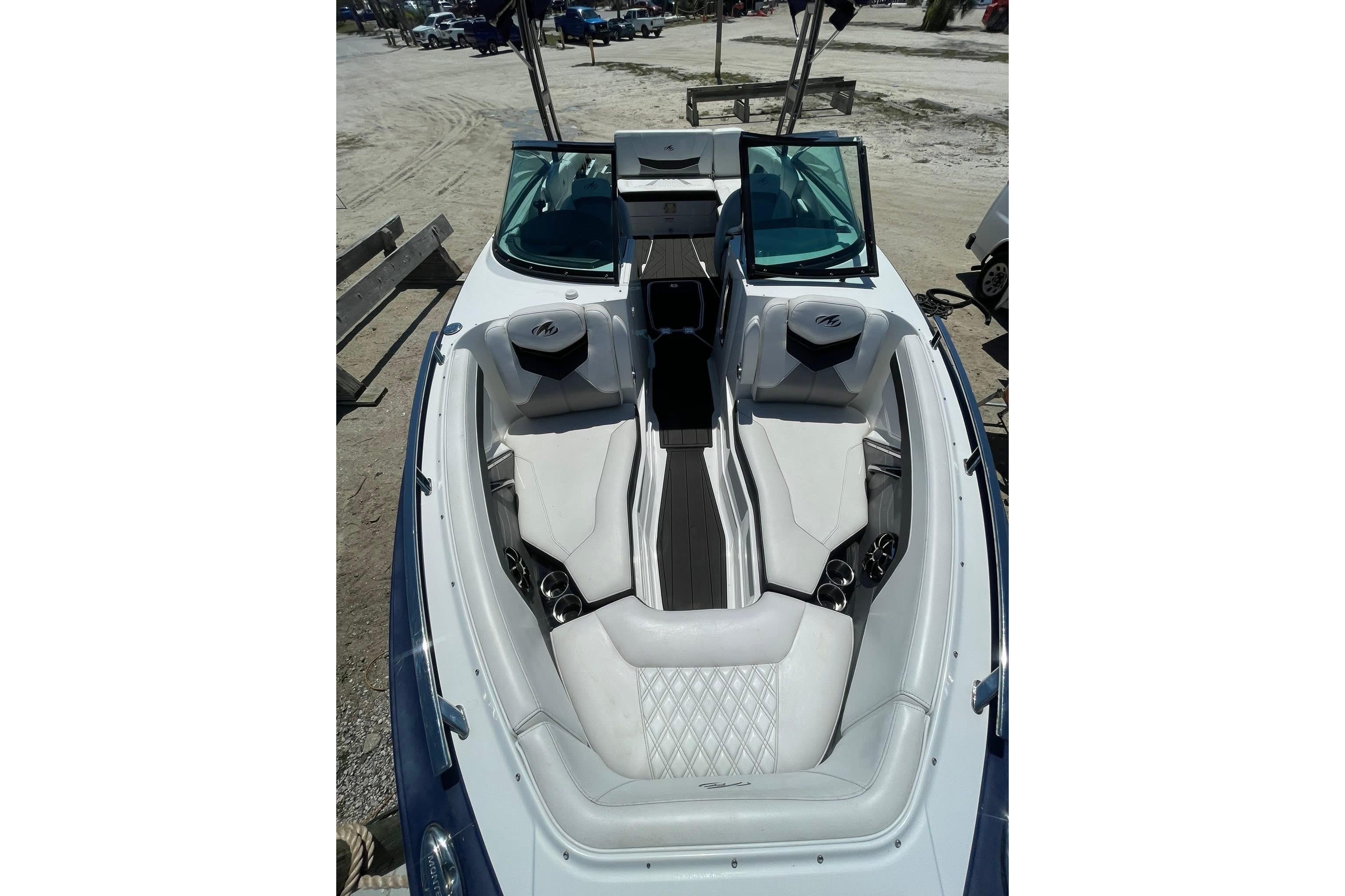 2015 Monterey 268SS Super Sport boat interior with white seating and open windshield.