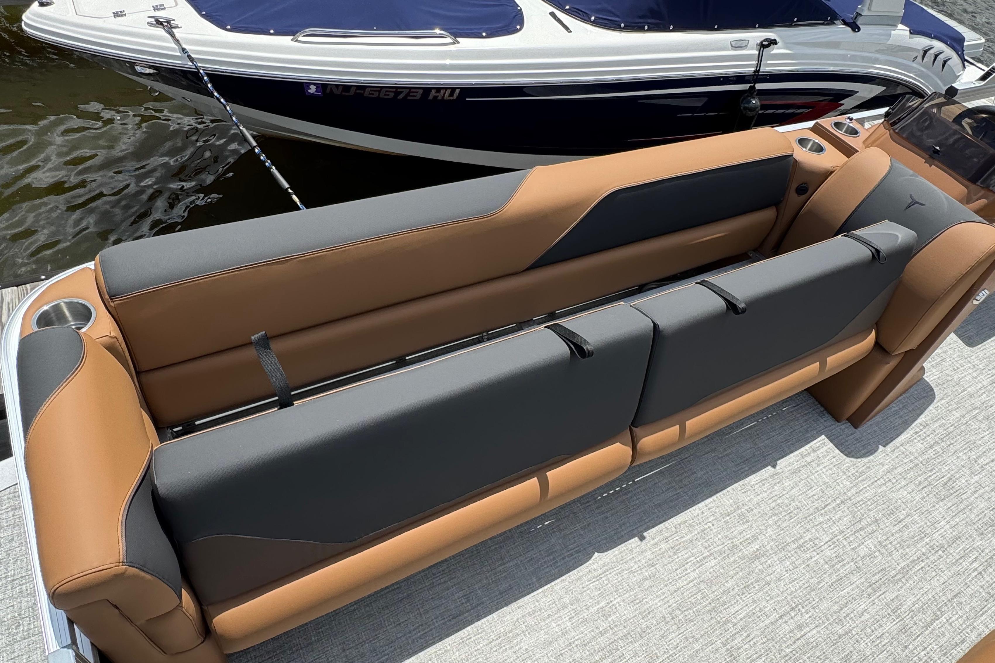2026 Tahoe Pontoon Sport 85 Cruise Rear Bench 23 with luxurious seating and cup holders.