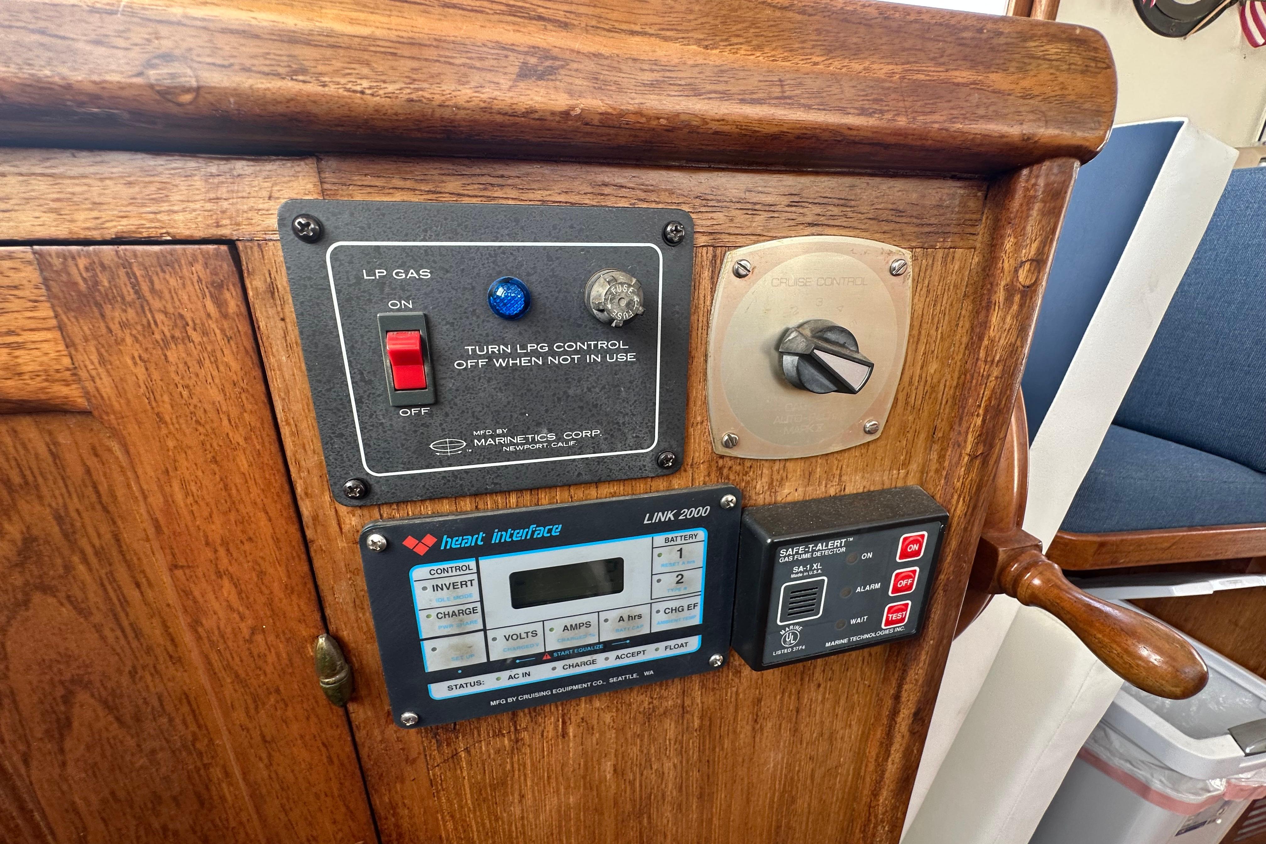 Control panel on a 1973 CHB 33 boat with LPG and electrical systems.