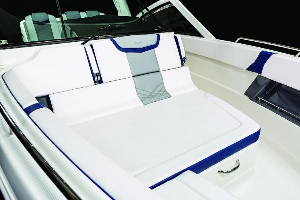 Manufacturer Provided Image: 2019 Chaparral 300 OSX boat interior with white and blue seating.