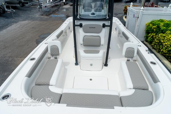 2025 Caymas 281 HB boat interior with cushioned seating and sleek design.