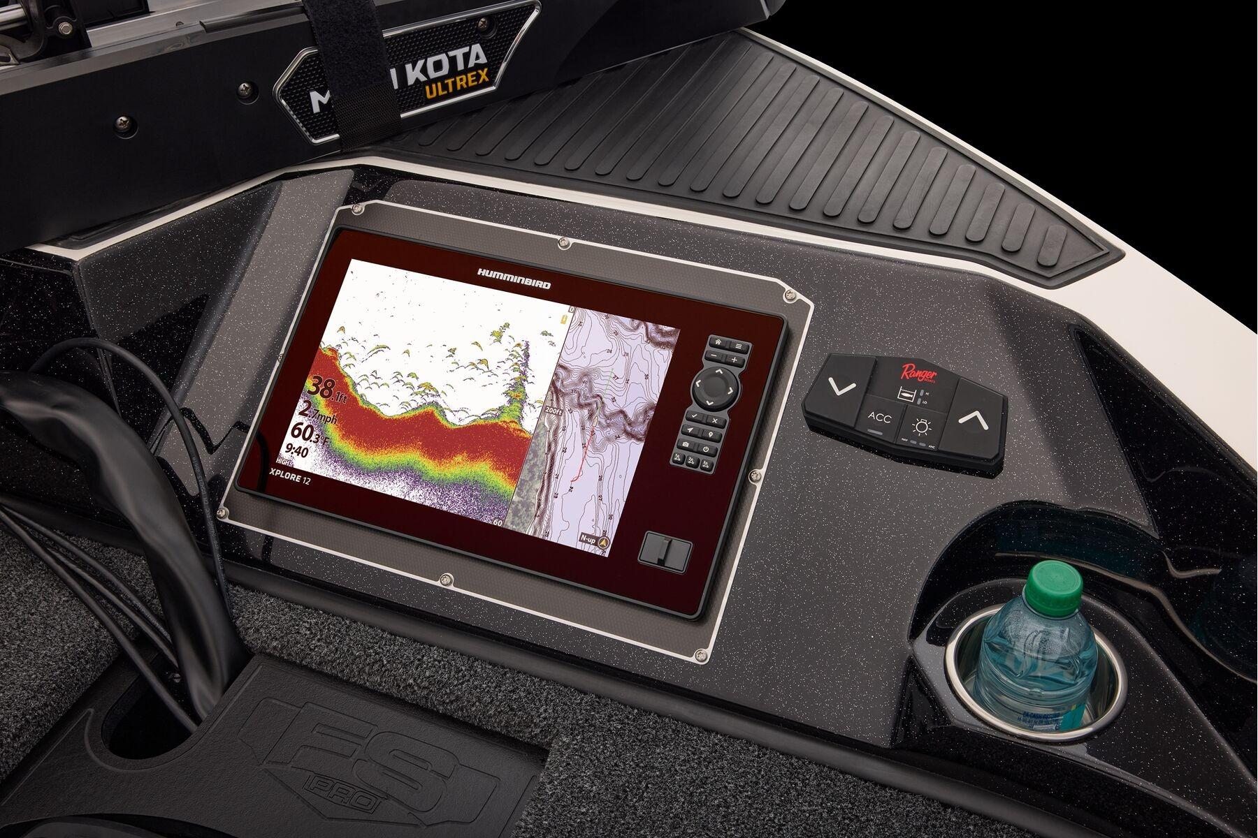Manufacturer Provided Image: 2026 Ranger 620xFS Pro boat dashboard with Humminbird fish finder and Minn Kota Ultrex controls.