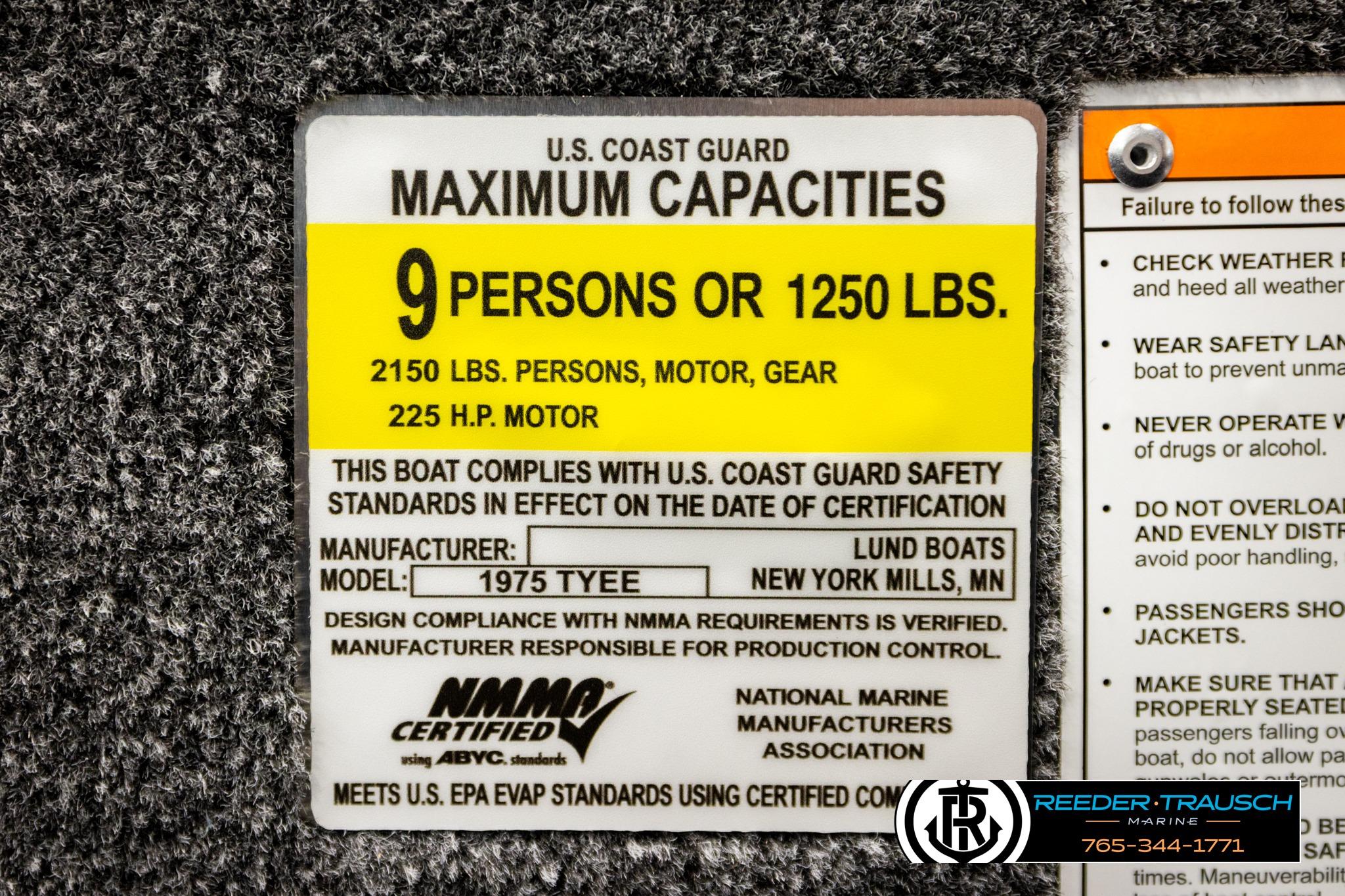U.S. Coast Guard capacity label for Lund 1975 Tyee, 9 persons or 1250 lbs, 225 HP motor.