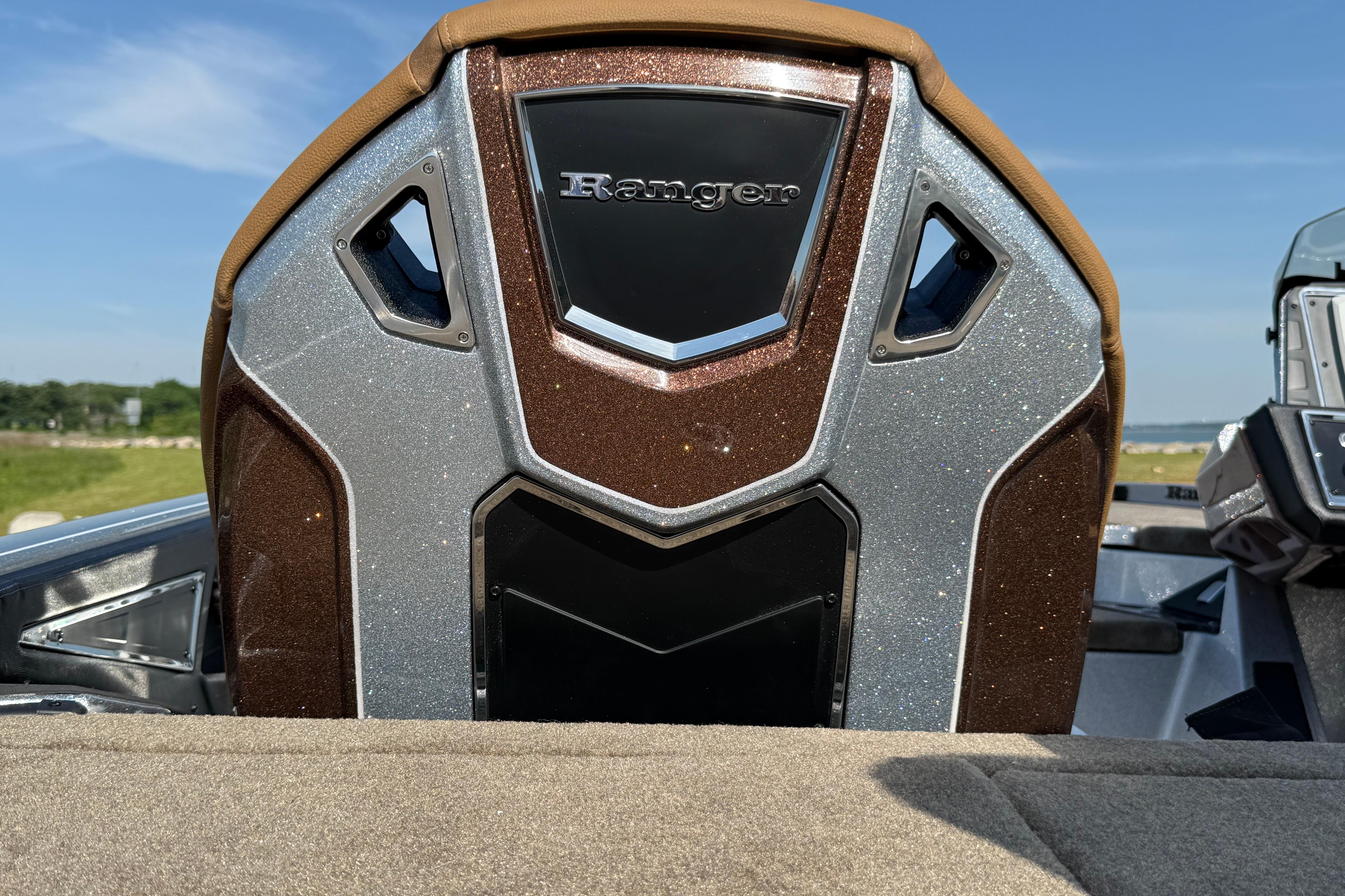 2026 Ranger Z521R boat seat with metallic finish under clear blue sky.