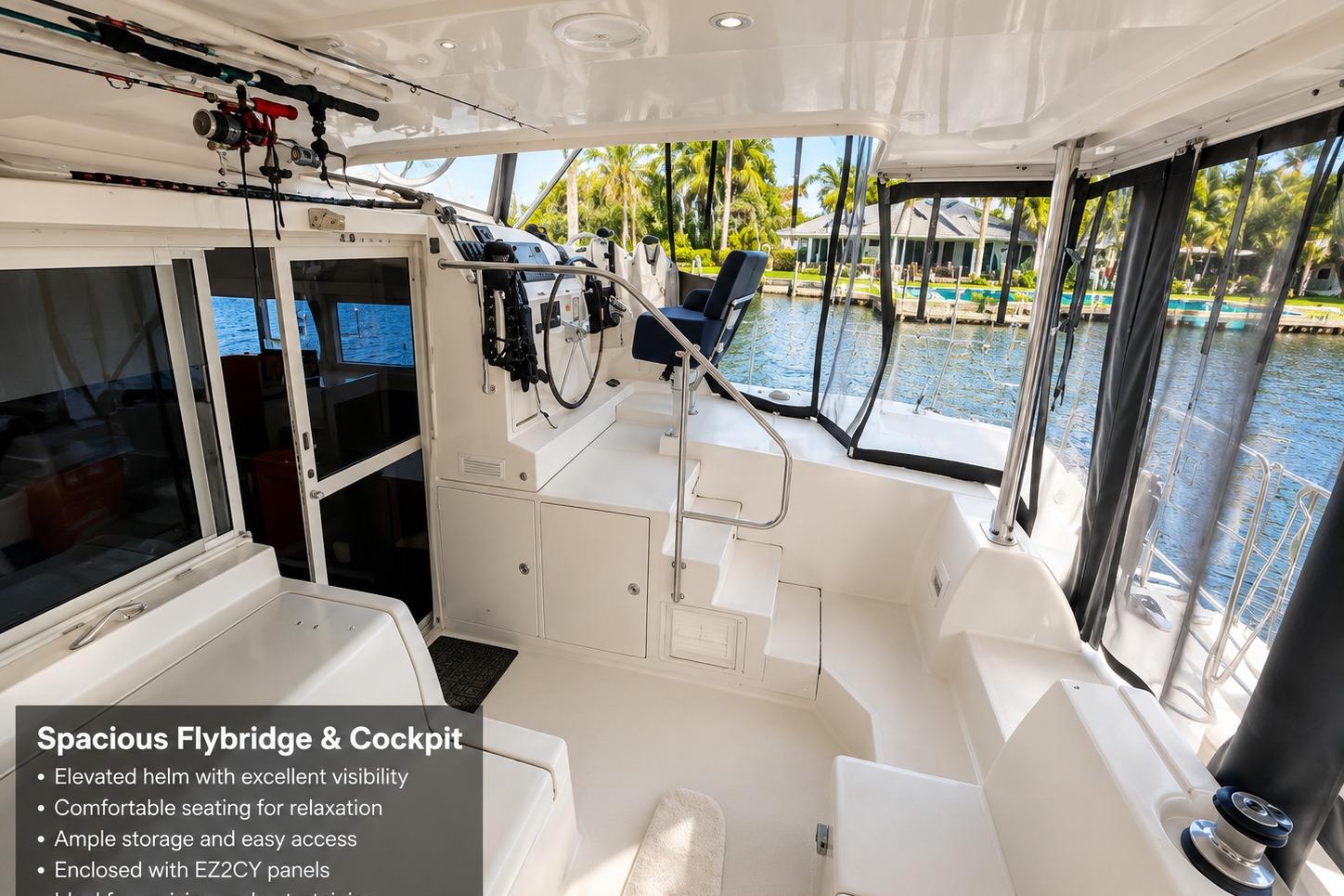 Spacious flybridge and cockpit of 2010 Lagoon 421 yacht with seating and storage.