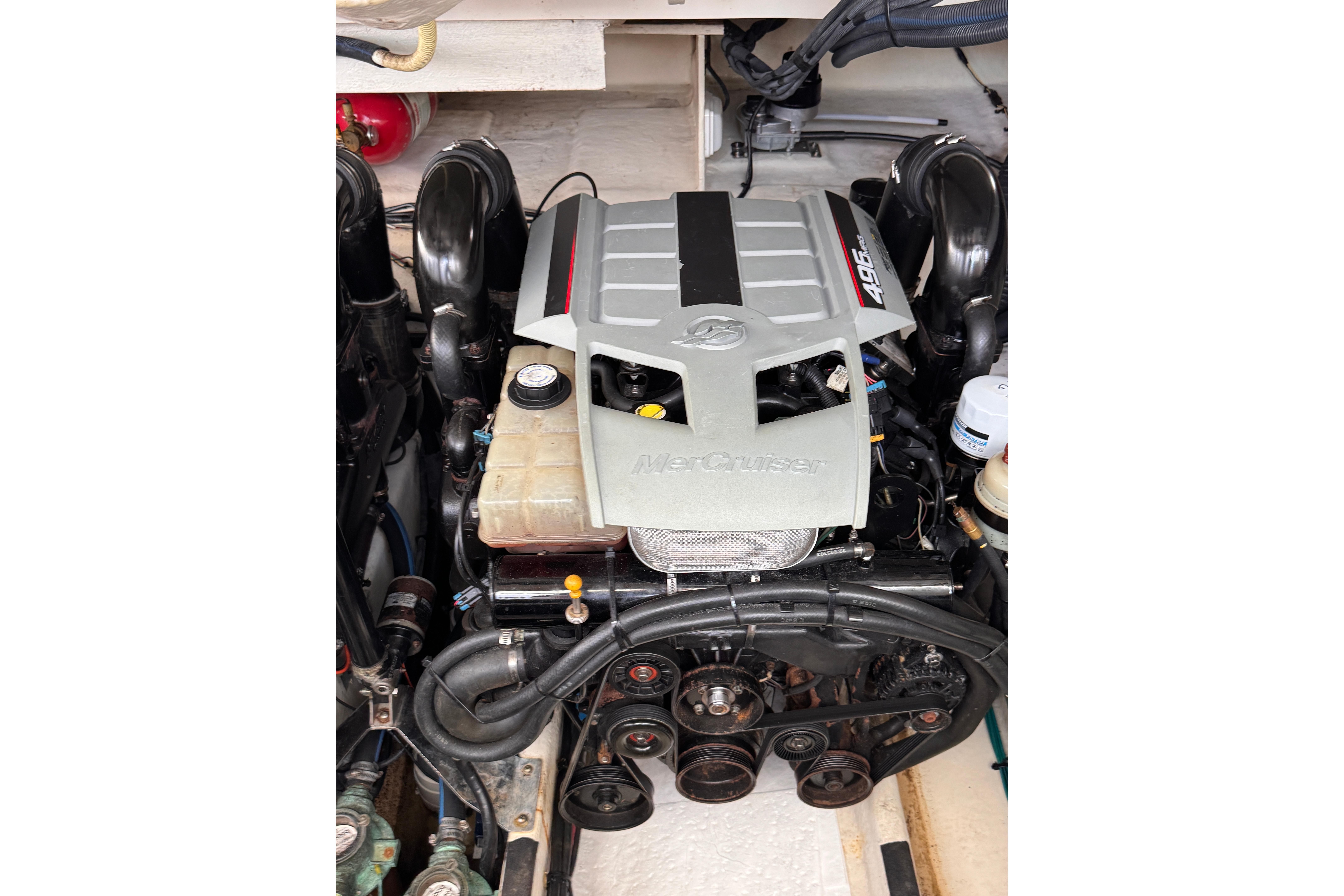Engine of a 2008 Sea Ray Sundancer 350 boat, featuring MerCruiser components.