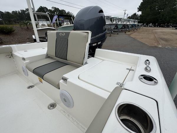 2025 Key West 179 FS boat interior with seating and cup holders.
