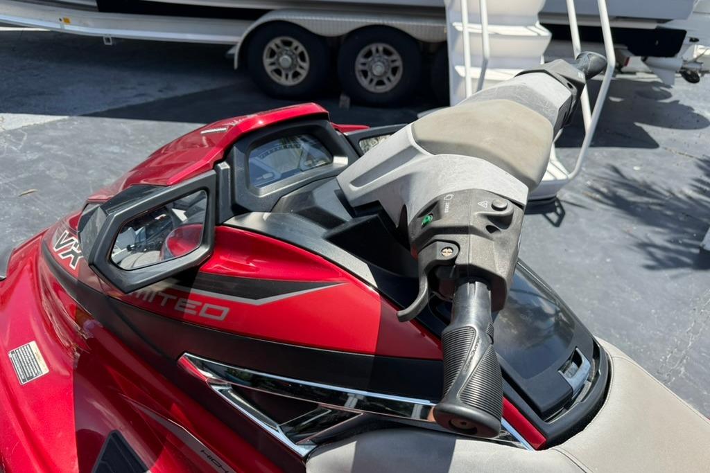 Red 2019 Yamaha VX Limited jet ski handlebar and dashboard close-up.