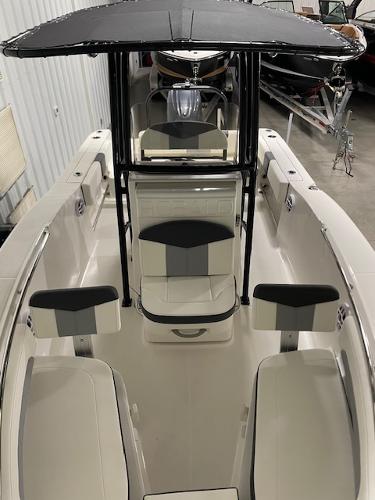 2025 Robalo R202 Explorer boat interior with seating and canopy.