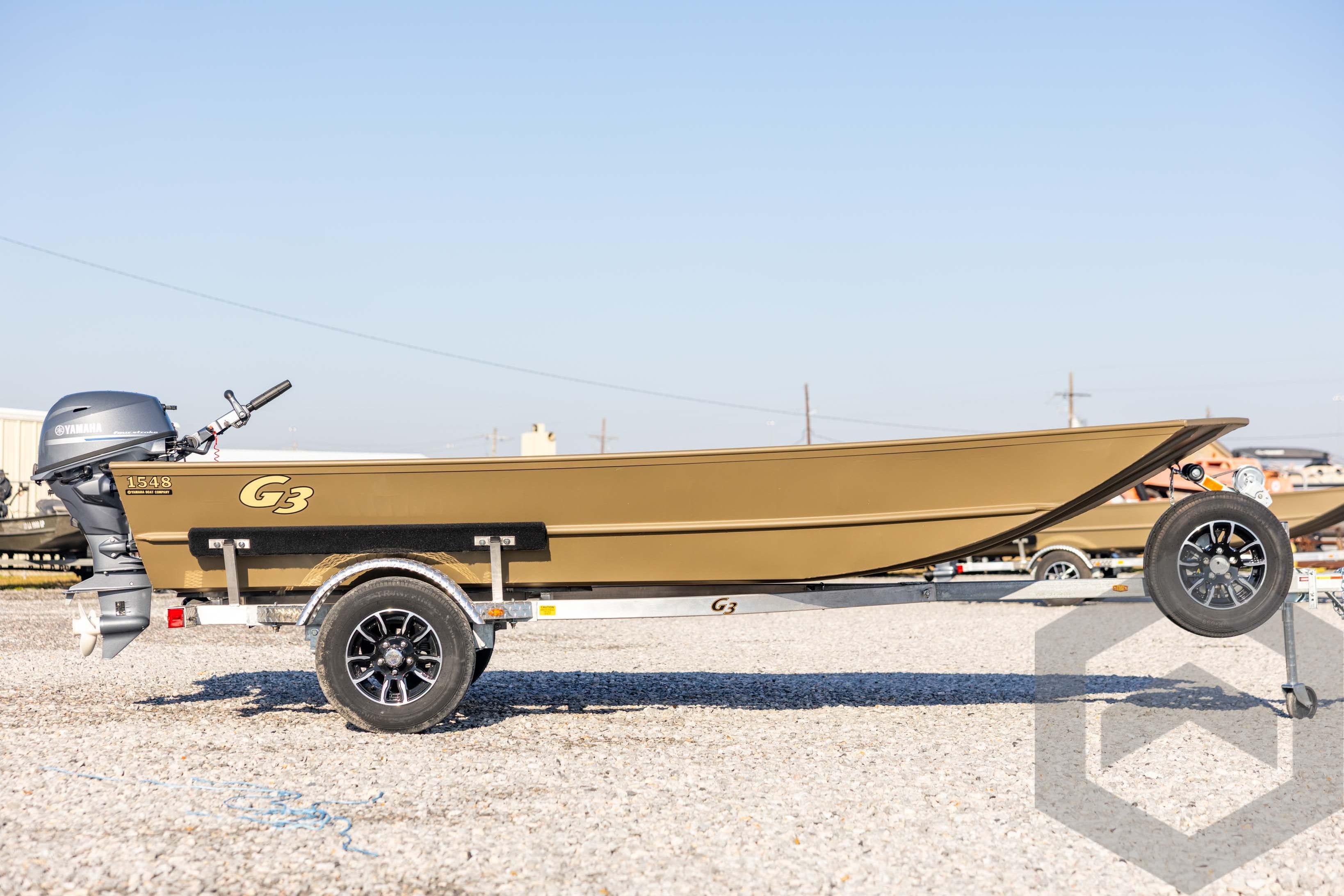 2026 G3 Gator Tough 1548 VBW boat on trailer, side view.