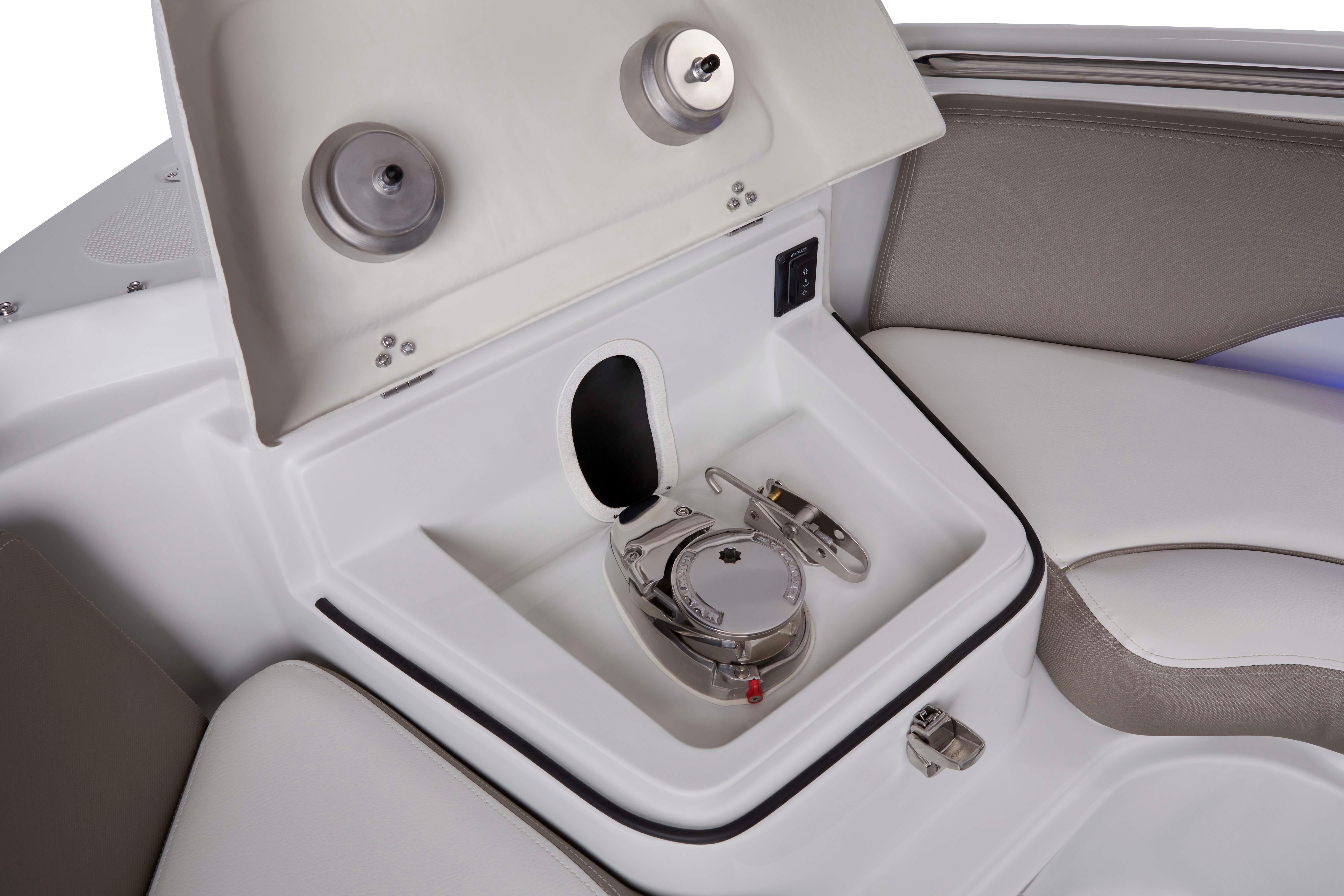 2024 Finseeker 280 DC boat interior detail with storage compartment and seating.