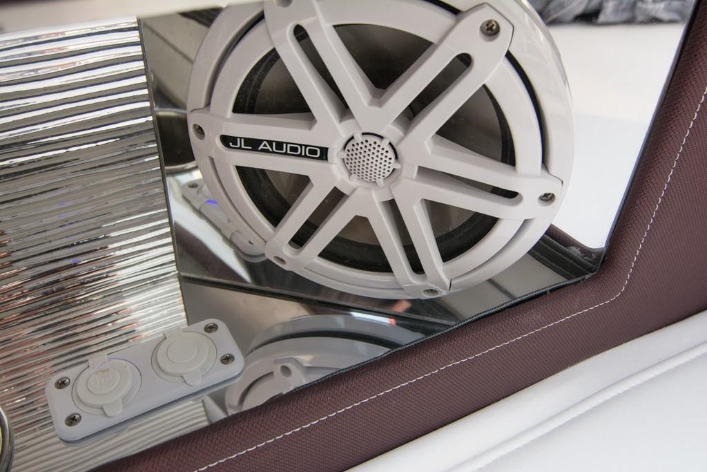 Close-up of JL Audio speaker on 2019 Donzi 41 GT boat.