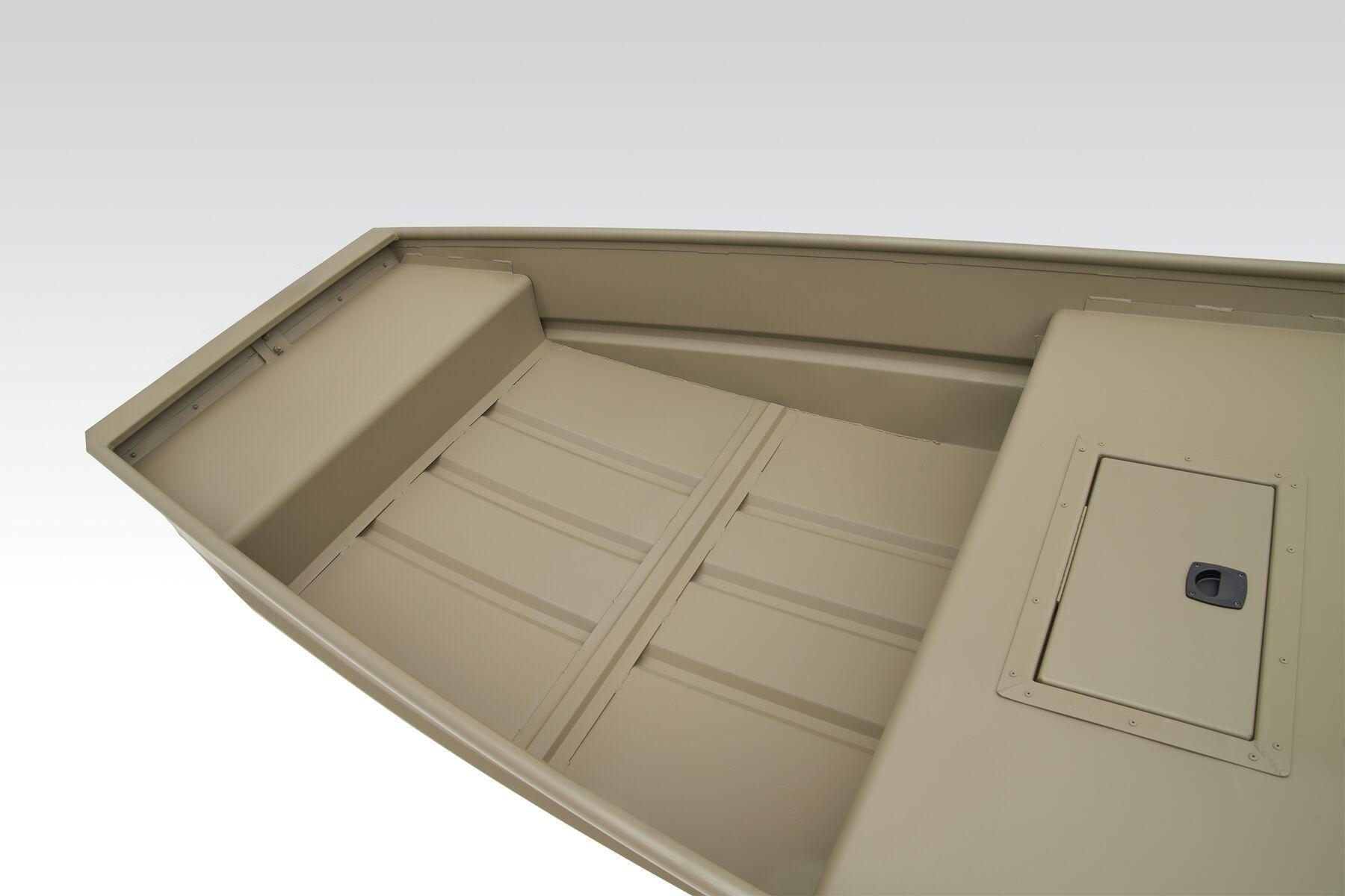 2026 Tracker Grizzly 15 Jon boat interior, showcasing spacious seating and storage compartment.