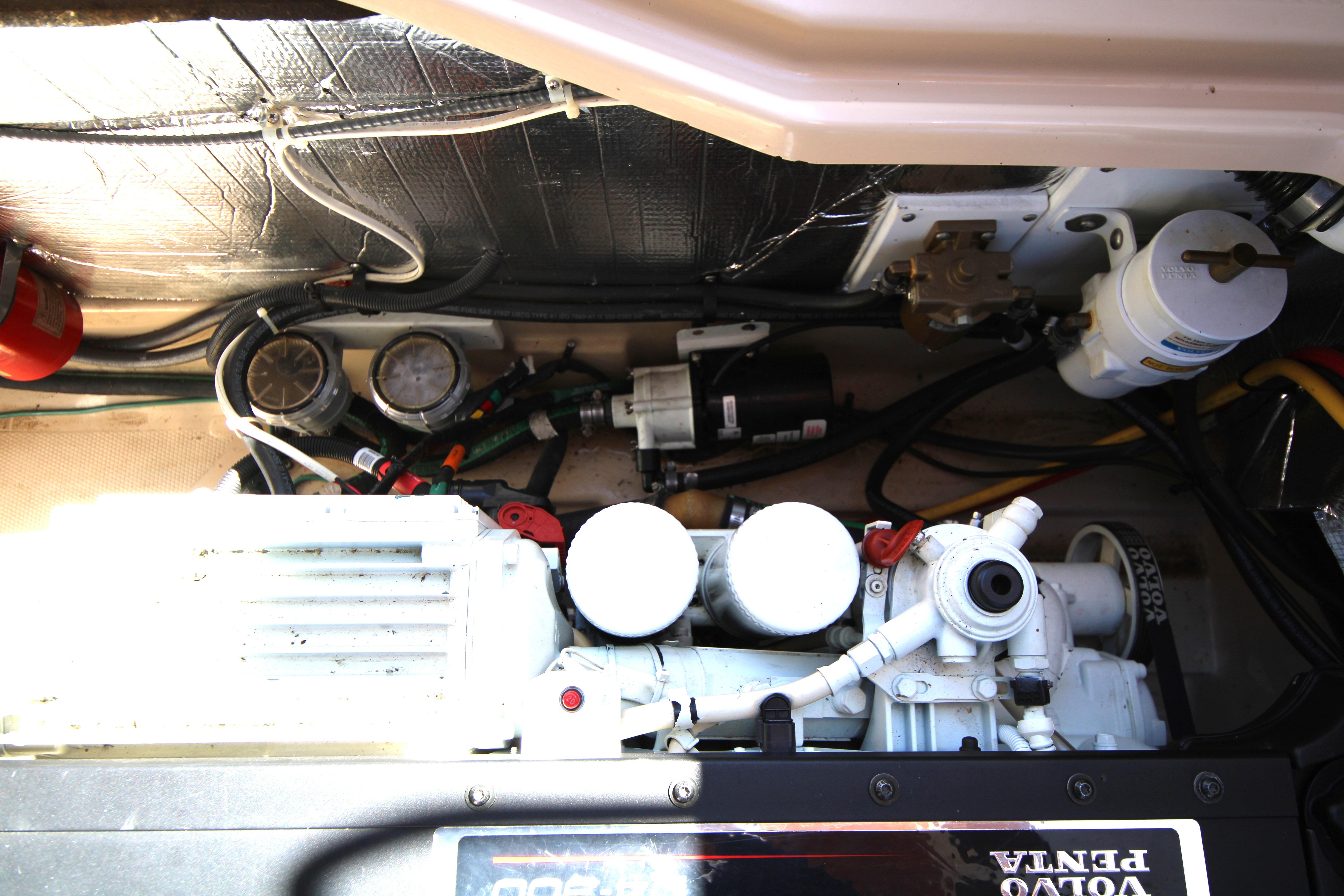 Engine compartment of 2013 Ranger Tugs R-31 CB with Volvo Penta components.