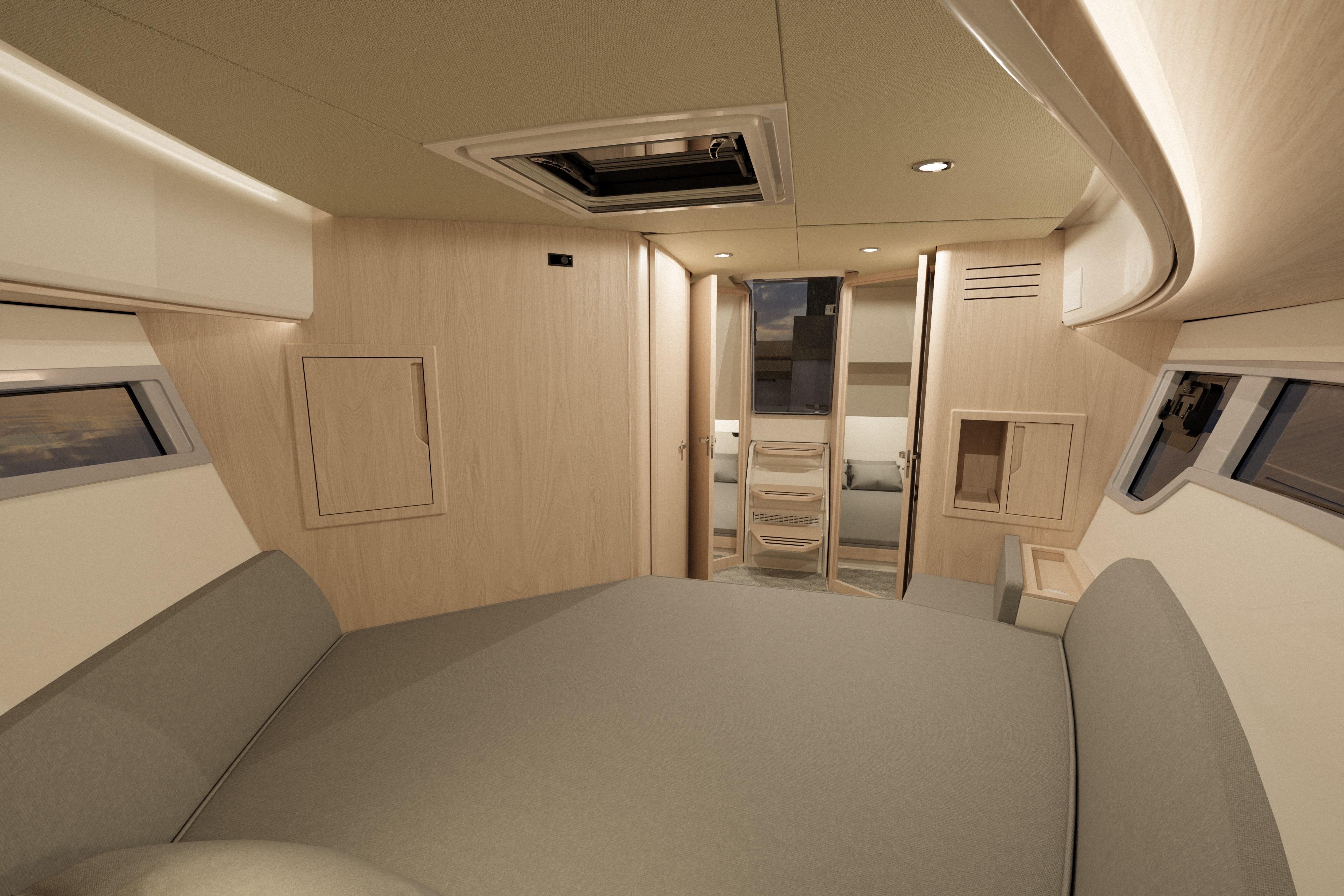Luxurious interior of 2026 Aquador 400HT yacht, featuring modern design and comfortable seating.