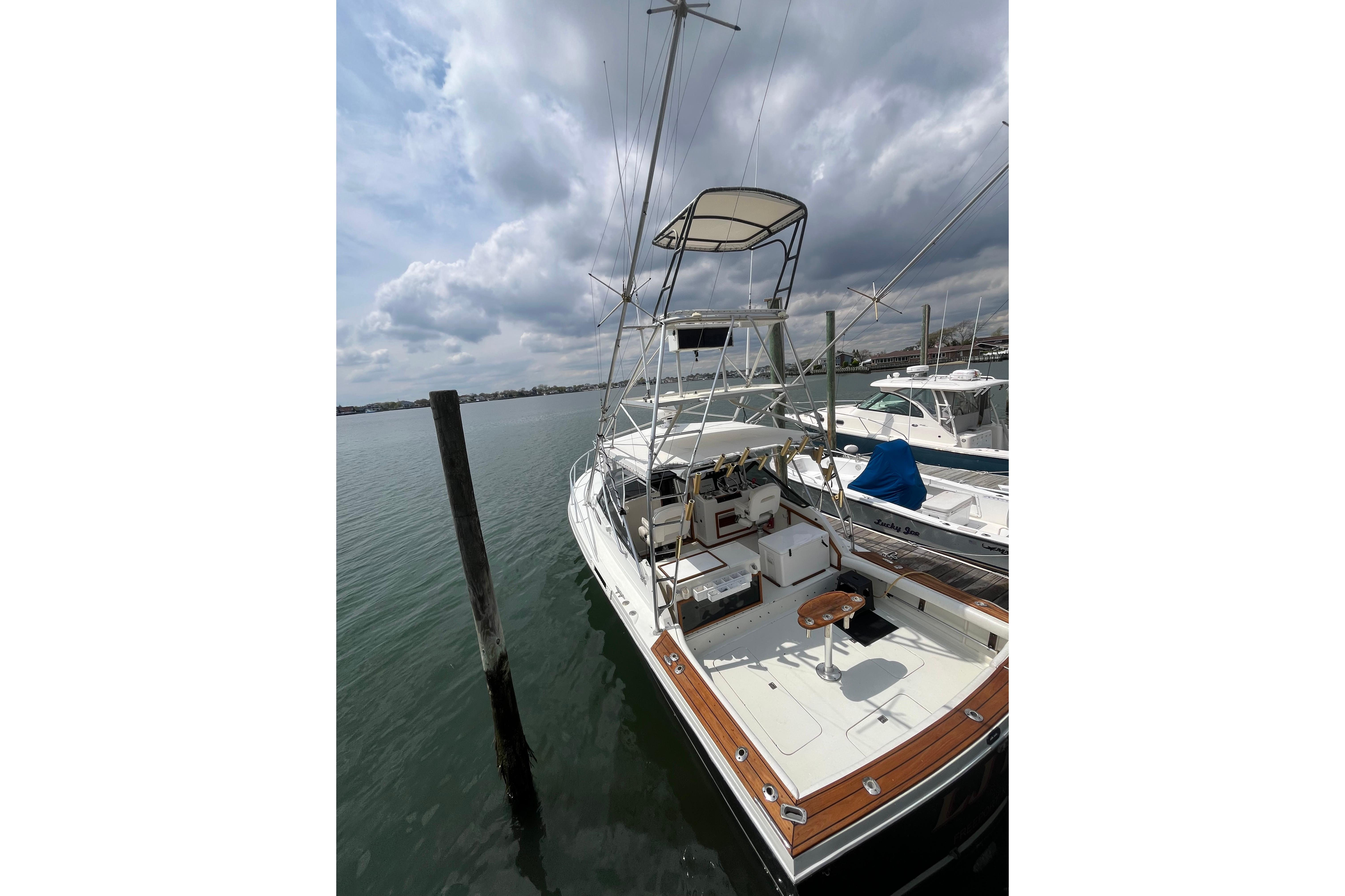 1989 Blackfin 31 Combi boat docked under cloudy skies, showcasing spacious deck and fishing setup.