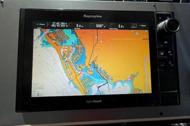 Raymarine navigation display on 2016 Sea Ray Sundancer 510, showing detailed marine chart.