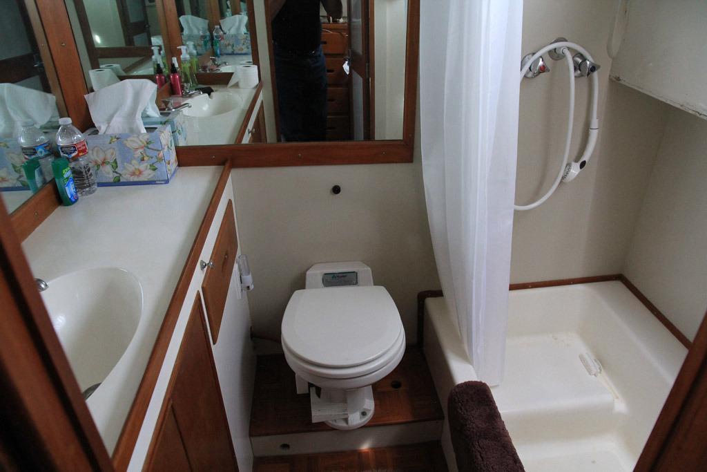 1974 Grand Banks 42 Motoryacht bathroom with sink, toilet, and shower.
