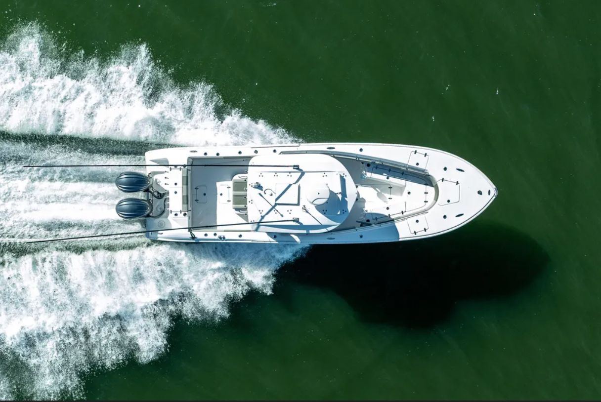 Aerial view of 2021 Cape Horn 32 XS boat on water.