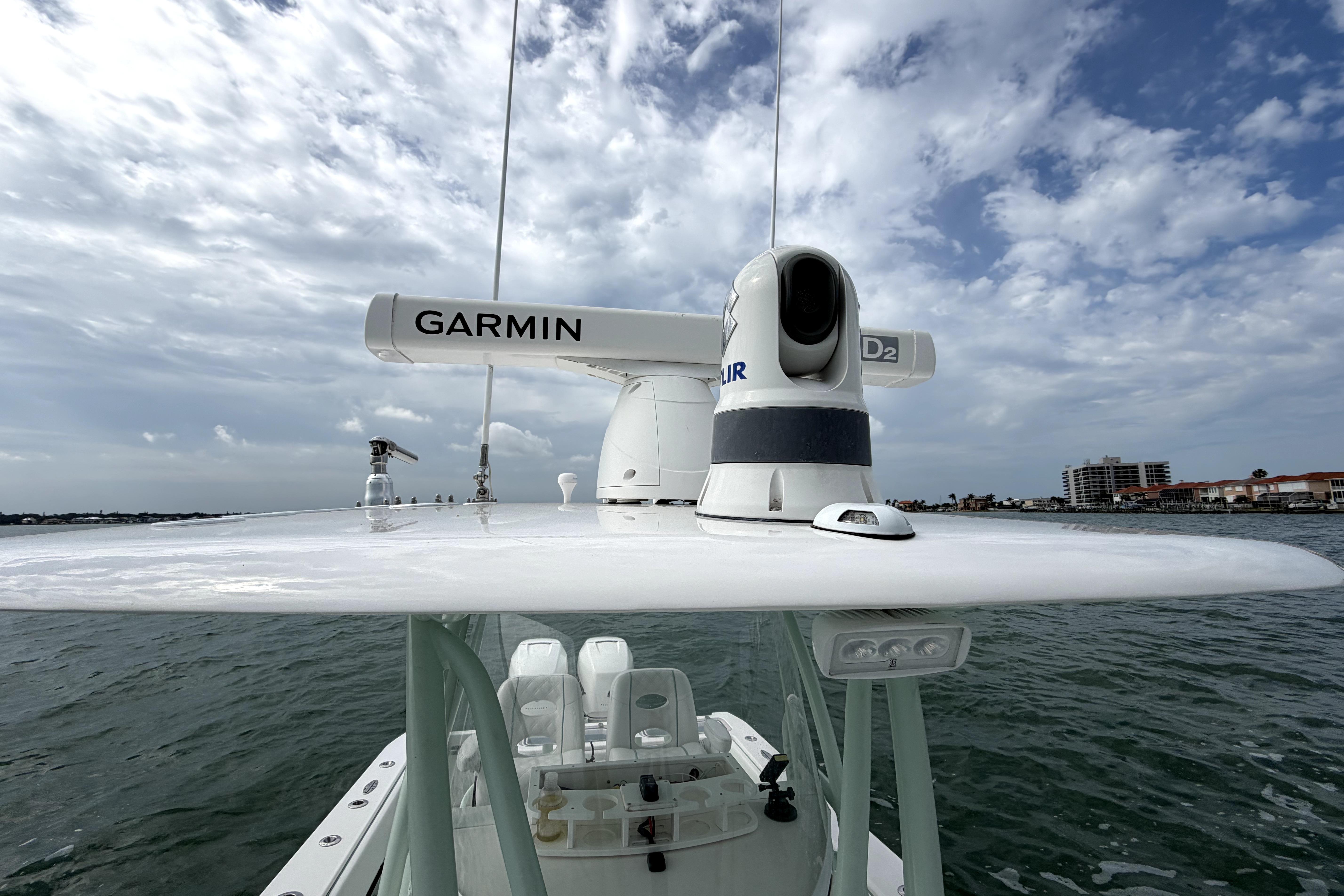 2019 Contender 30 ST boat with Garmin radar and FLIR camera on the roof.