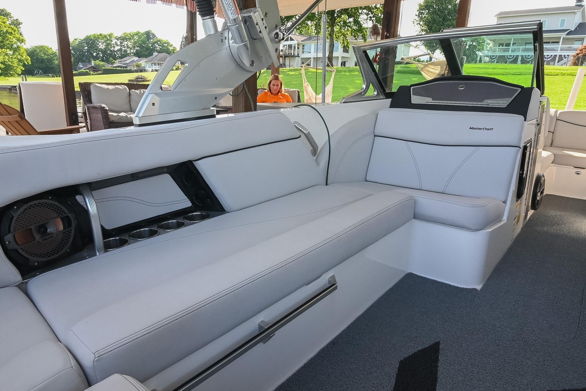 2018 MasterCraft X23 boat interior with sleek seating and modern design.