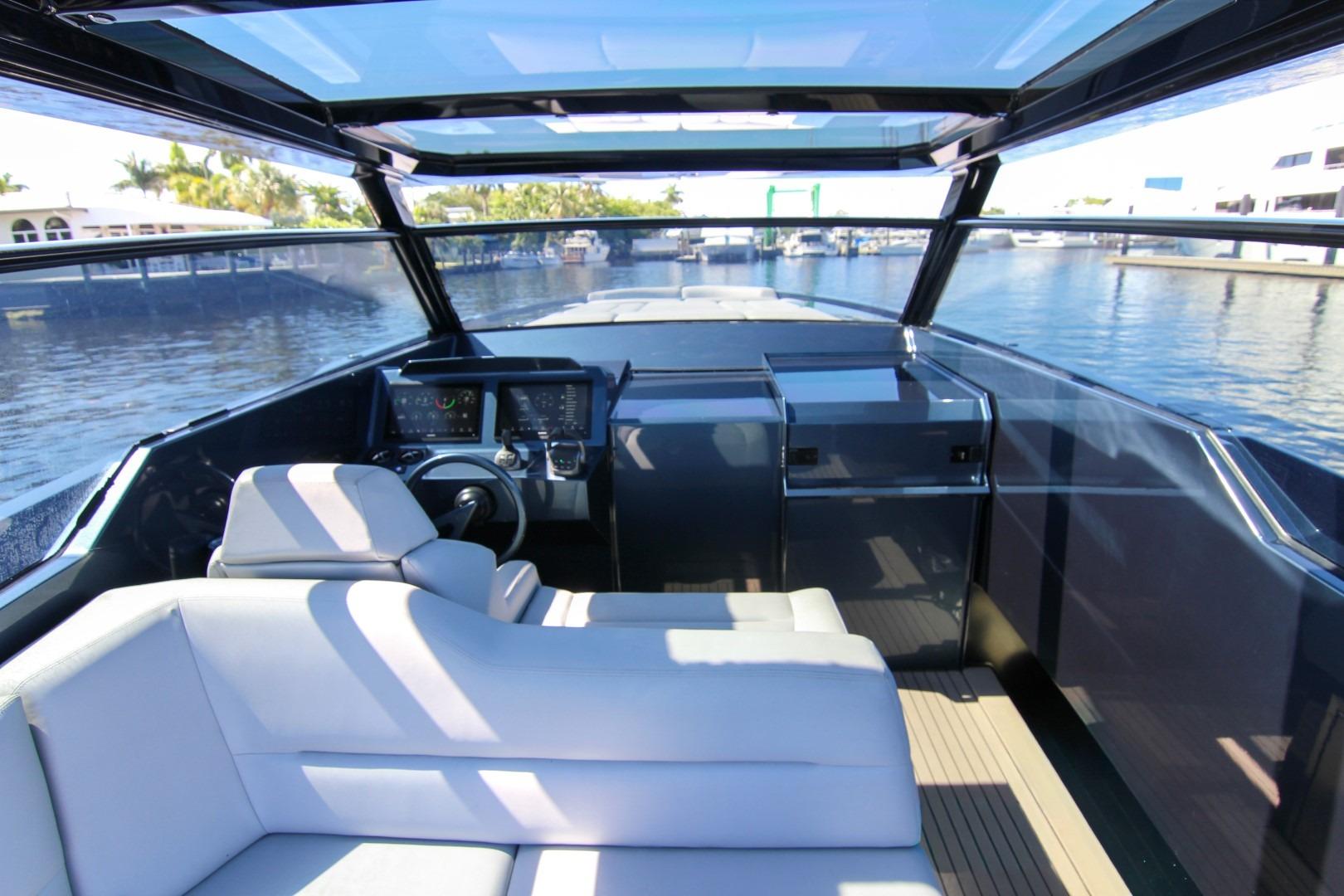 Interior view of 2022 Vanquish Yachts VQ45, featuring sleek design and modern controls.