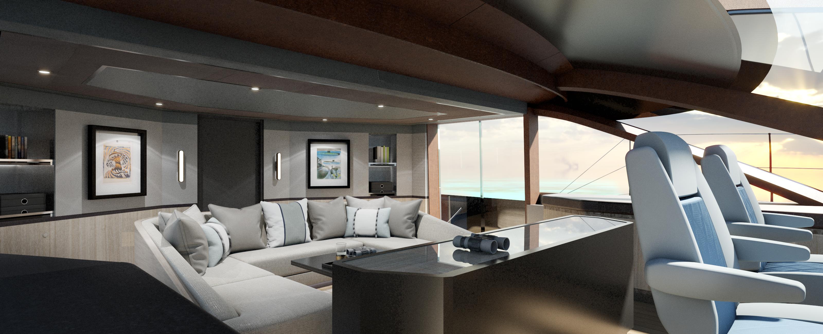 Luxurious interior of 2027 Custom ARES SPITFIRE yacht with modern seating and panoramic views.