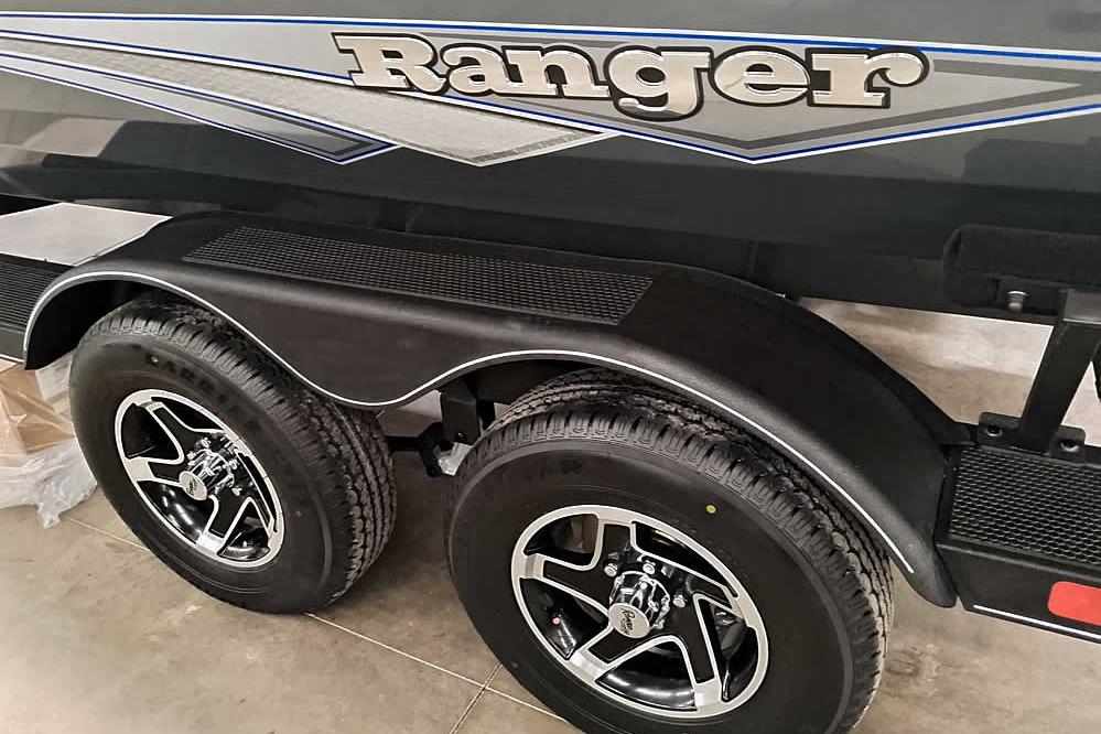 2026 Ranger RT198P Fishing Package trailer with dual wheels and sleek design.