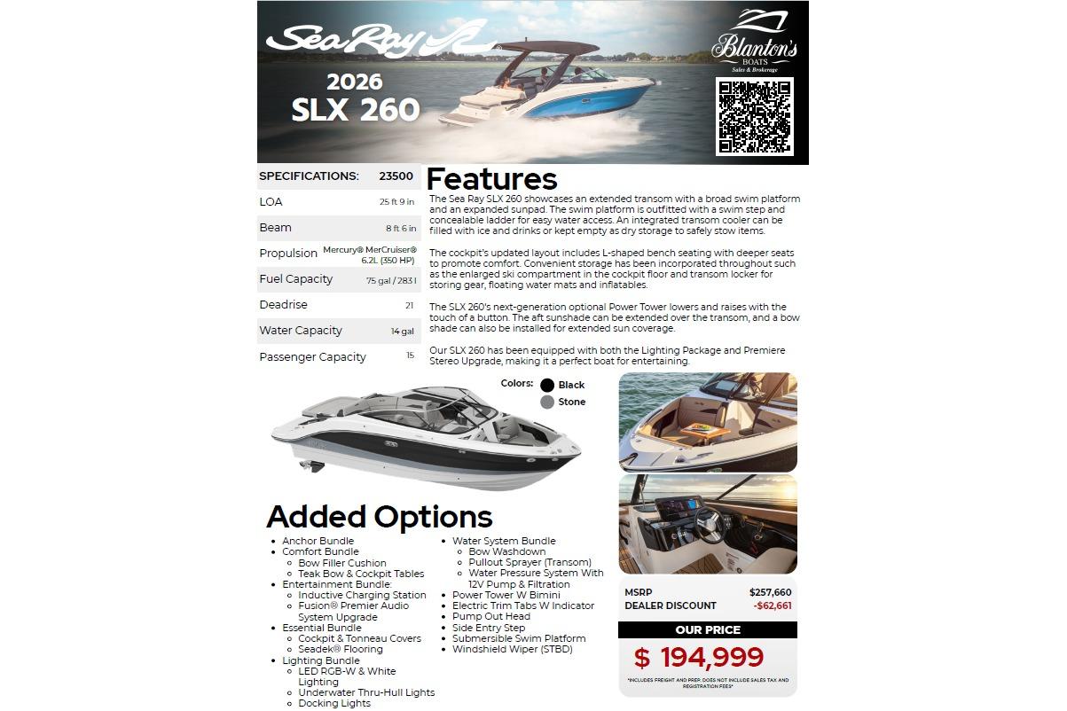 2026 Sea Ray SLX 260 boat brochure with features, specifications, and pricing details.