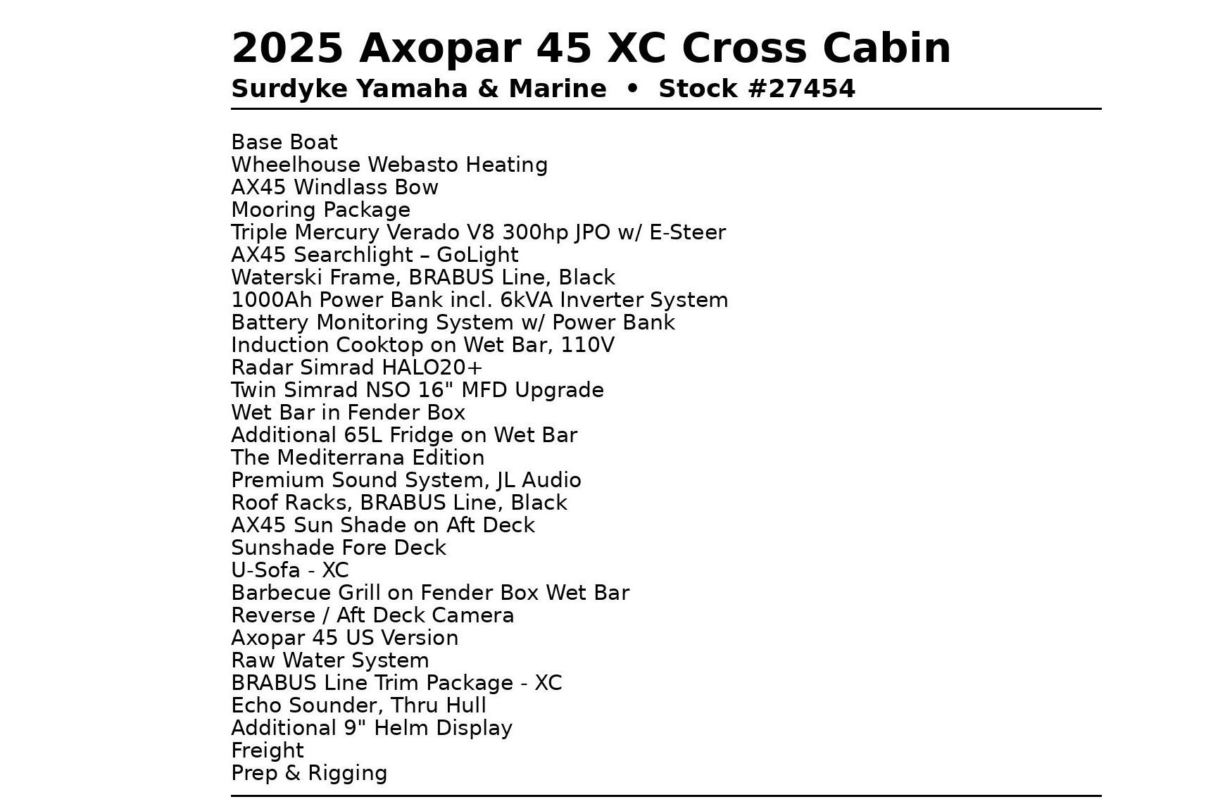 2025 Axopar 45 XC Cross Cabin features and specifications list.