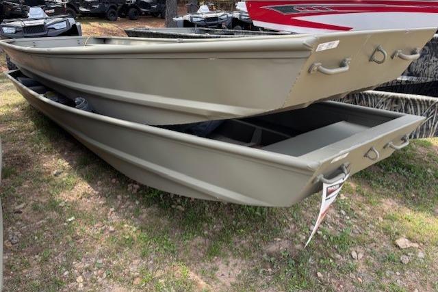 2026 Tracker Grizzly 14 Jon boats stacked outdoors, showcasing durable design and construction.