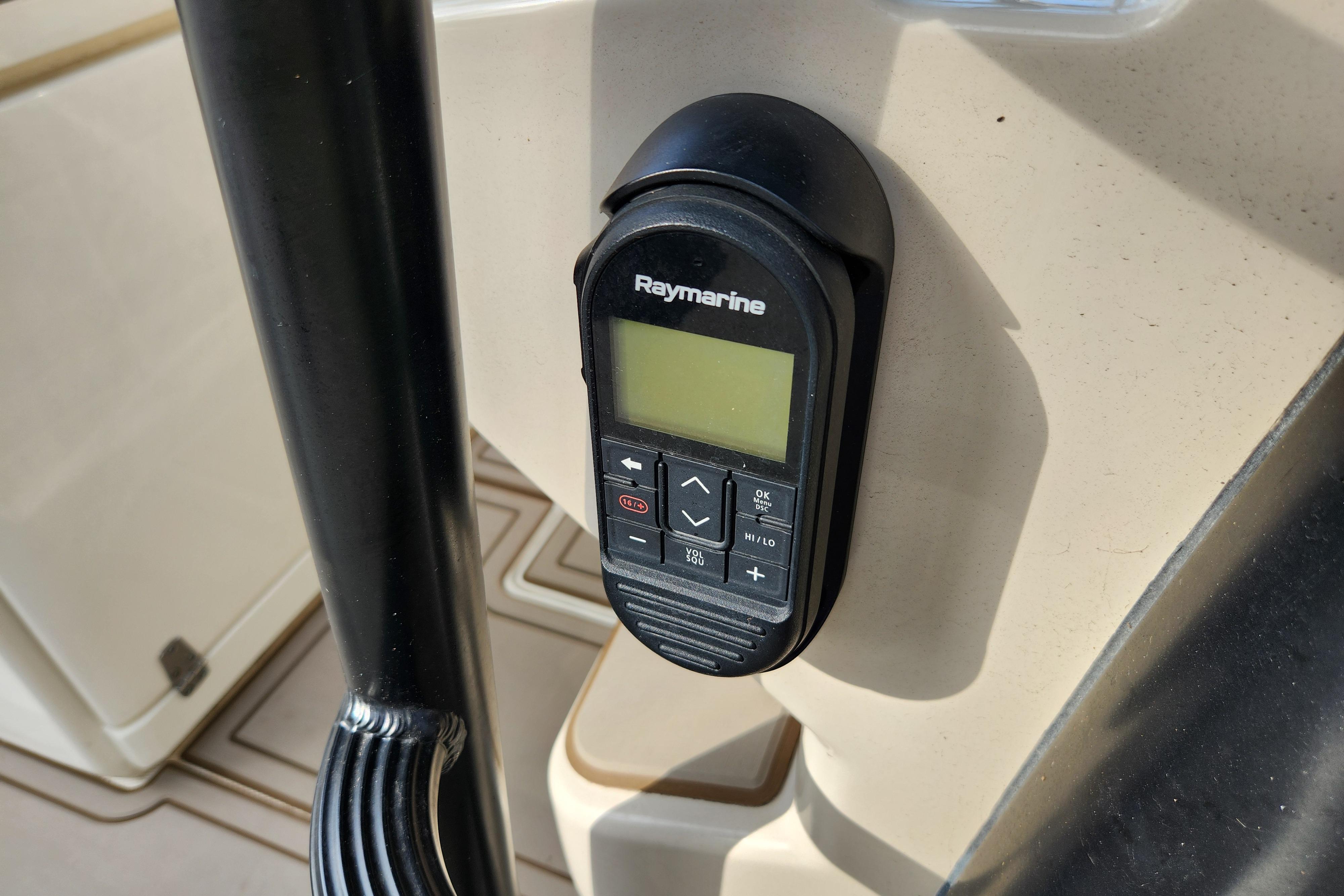 Raymarine control panel on 2022 Boston Whaler 330 Outrage boat dashboard.