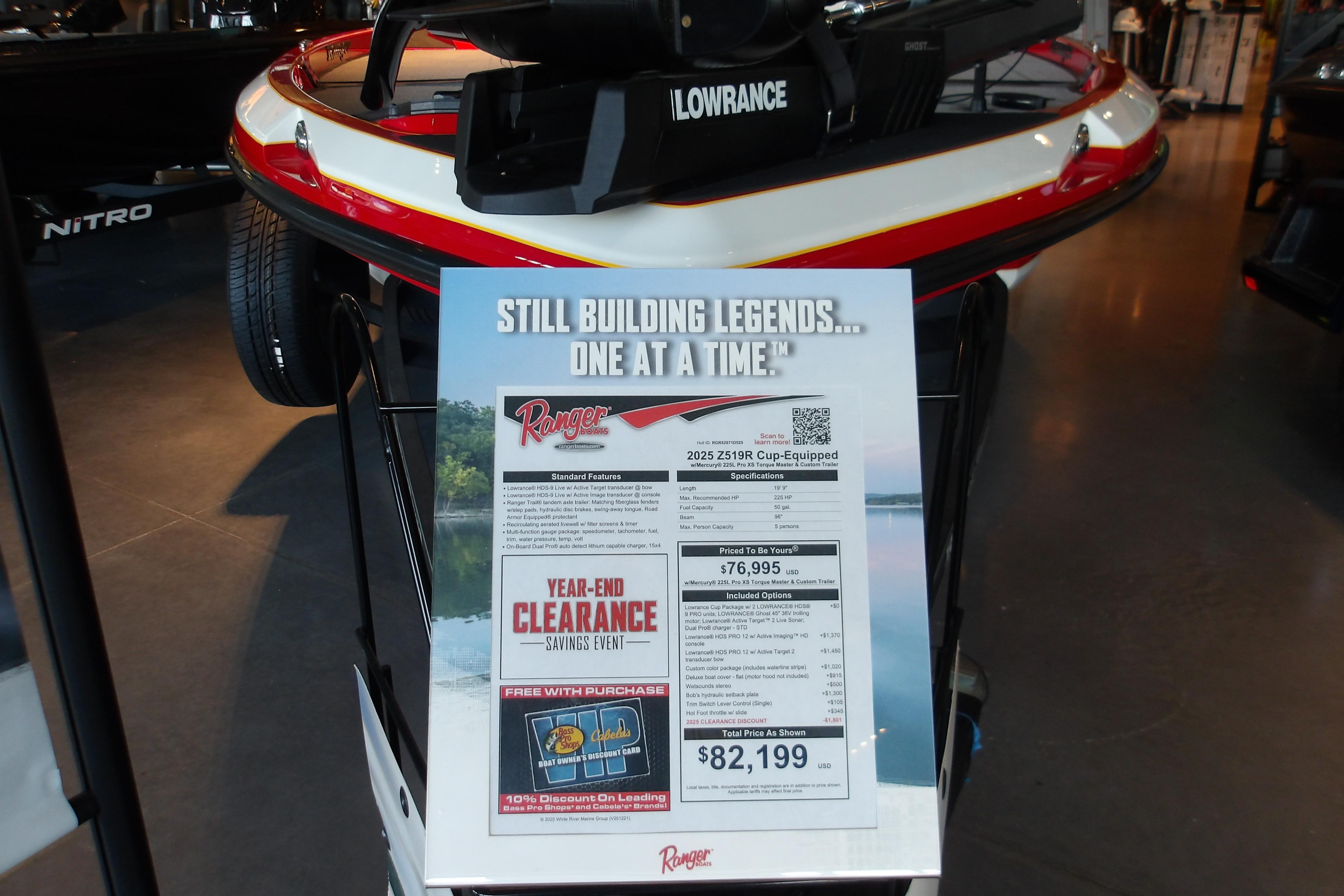 2025 Ranger Z519R Cup-Equipped boat display with pricing and features at a showroom.
