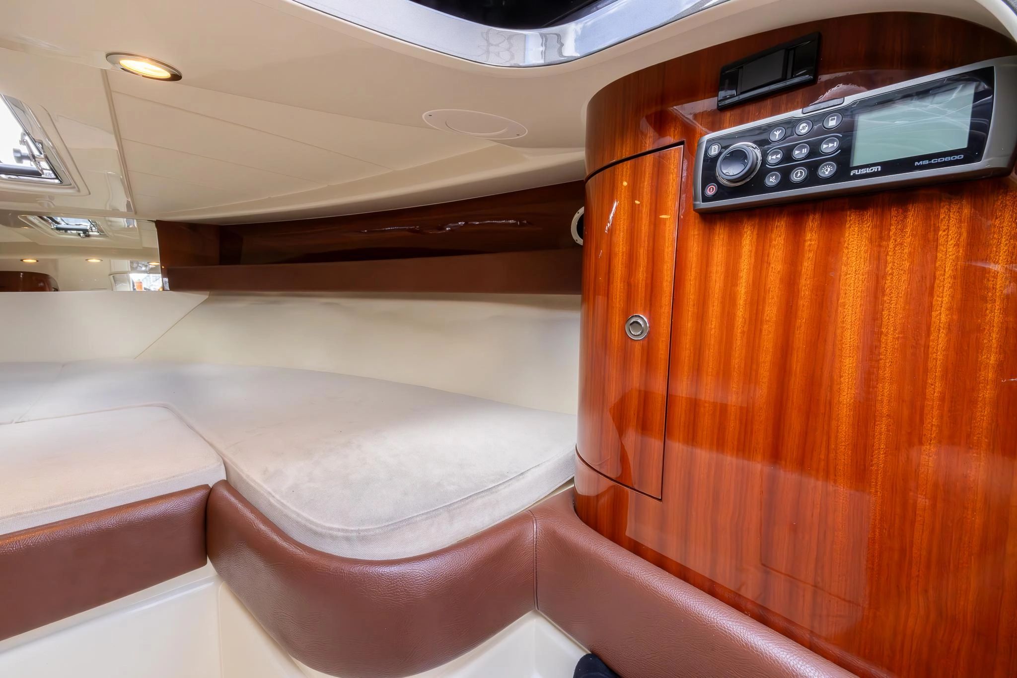 Interior of 2013 Riva 33' Aquariva Super with wood finish.