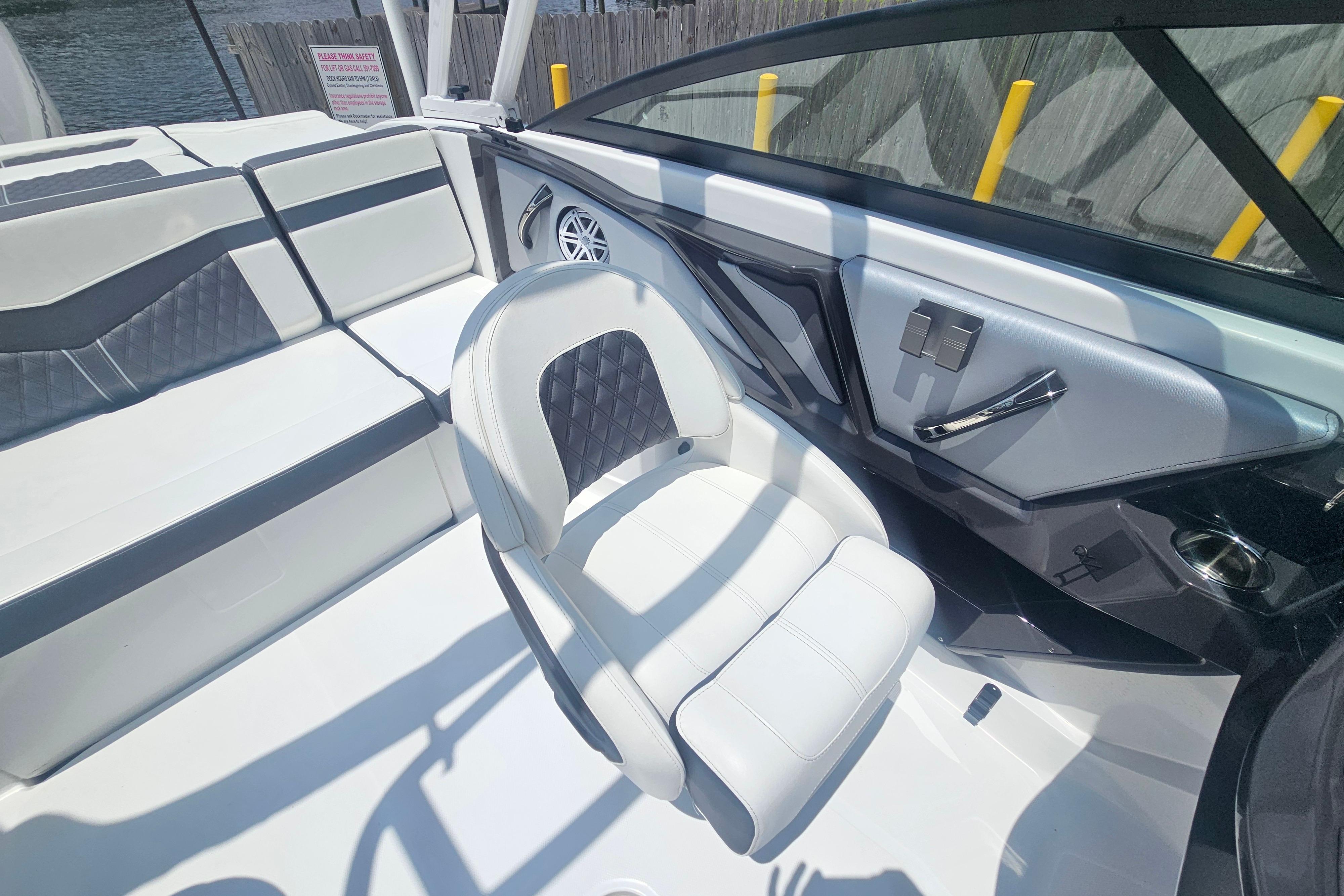 2024 Monterey 215SS Super Sport boat interior with white seating and sleek design.