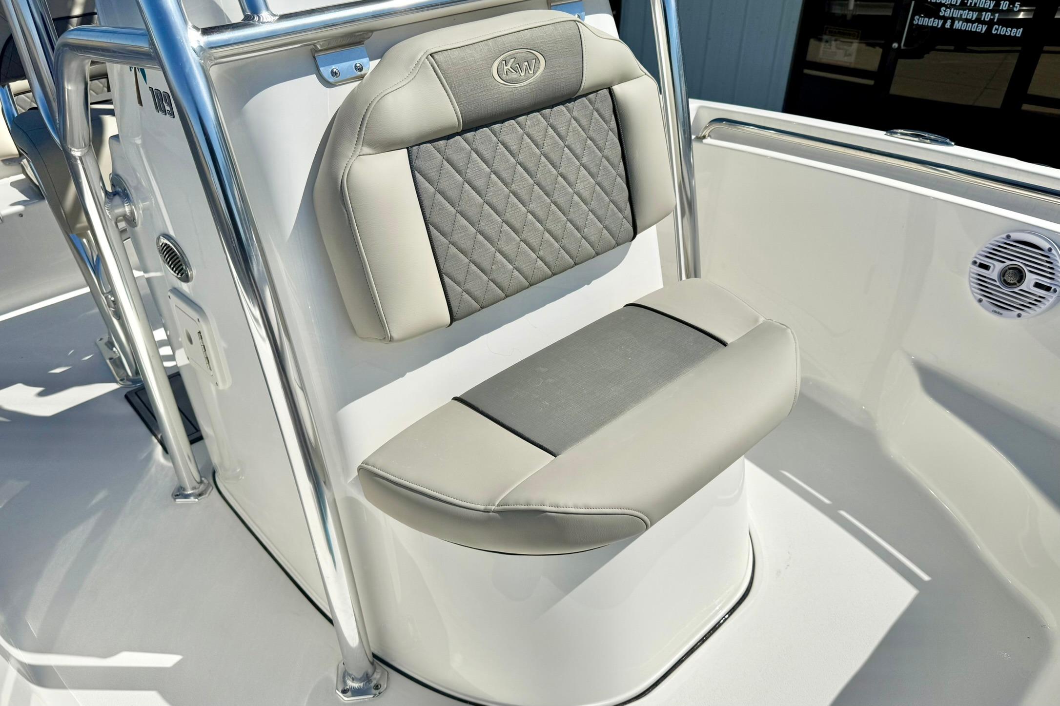2026 Key West 189 FS boat seat with quilted design and stainless steel frame.