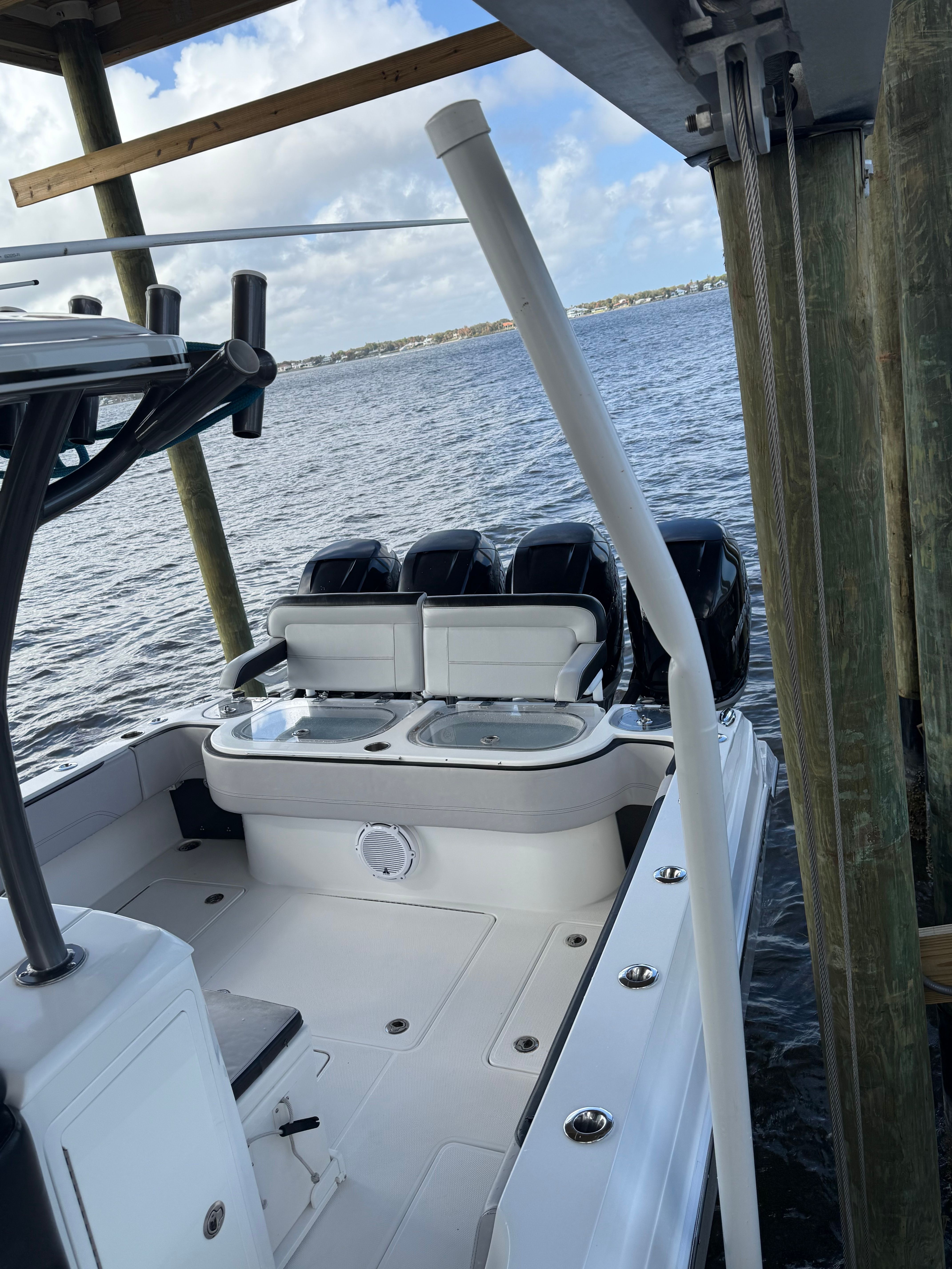 2018 Nor-Tech 392 Super Fish boat docked with four engines.