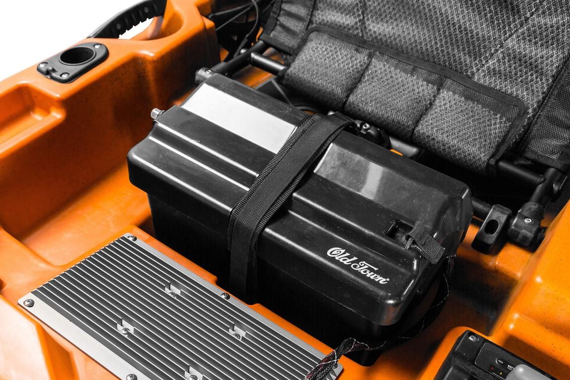 2023 Old Town 106 Sportsman Minn Kota Power kayak battery compartment, orange interior.