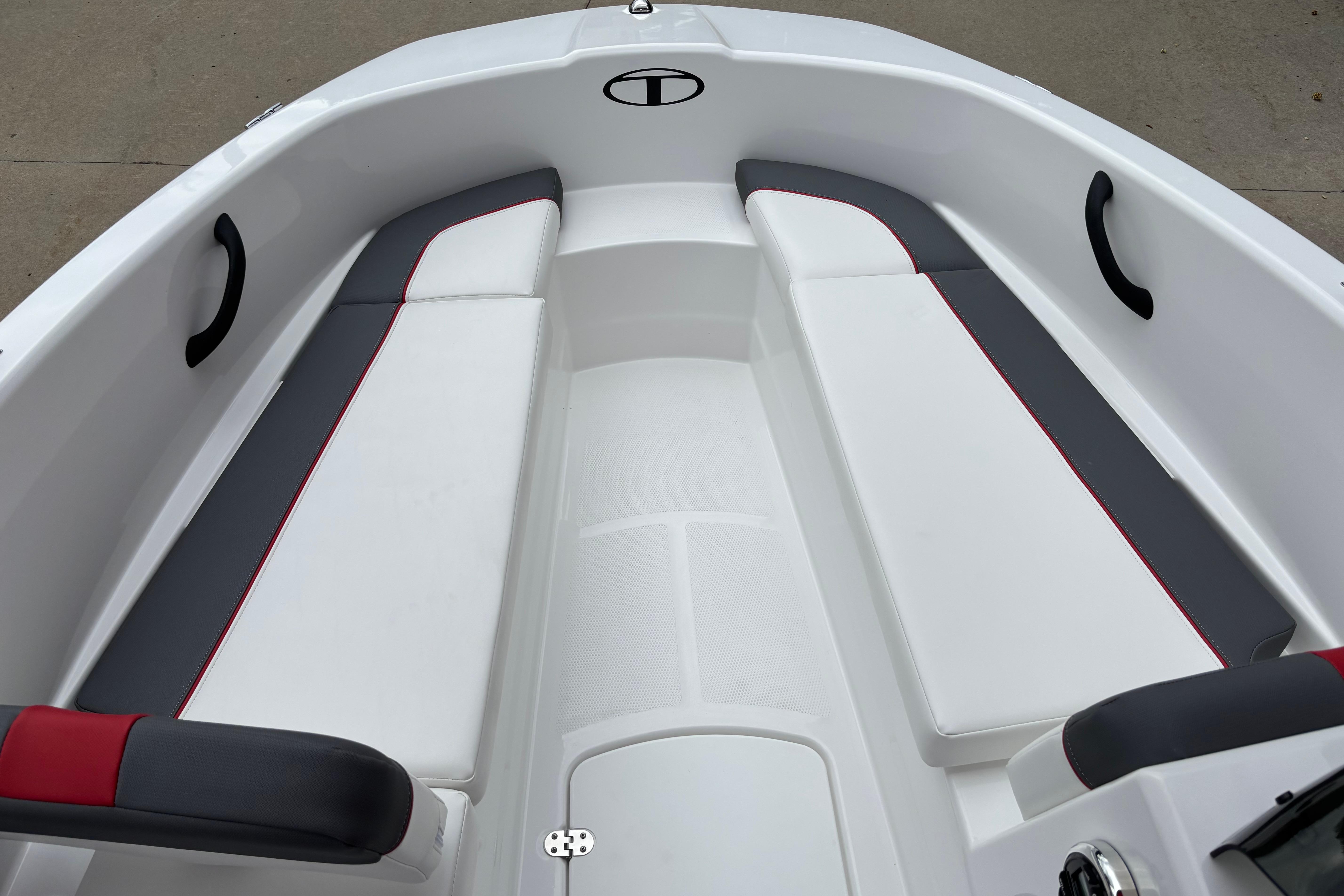 Interior view of 2026 Tahoe T16 boat with sleek seating and modern design.