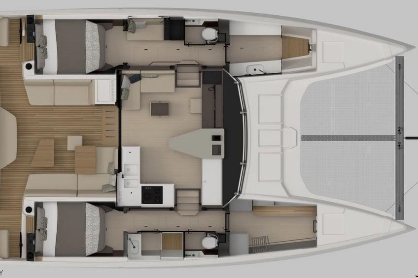 Floor plan of 2024 Nautitech 44 Open catamaran, showcasing interior layout and design.