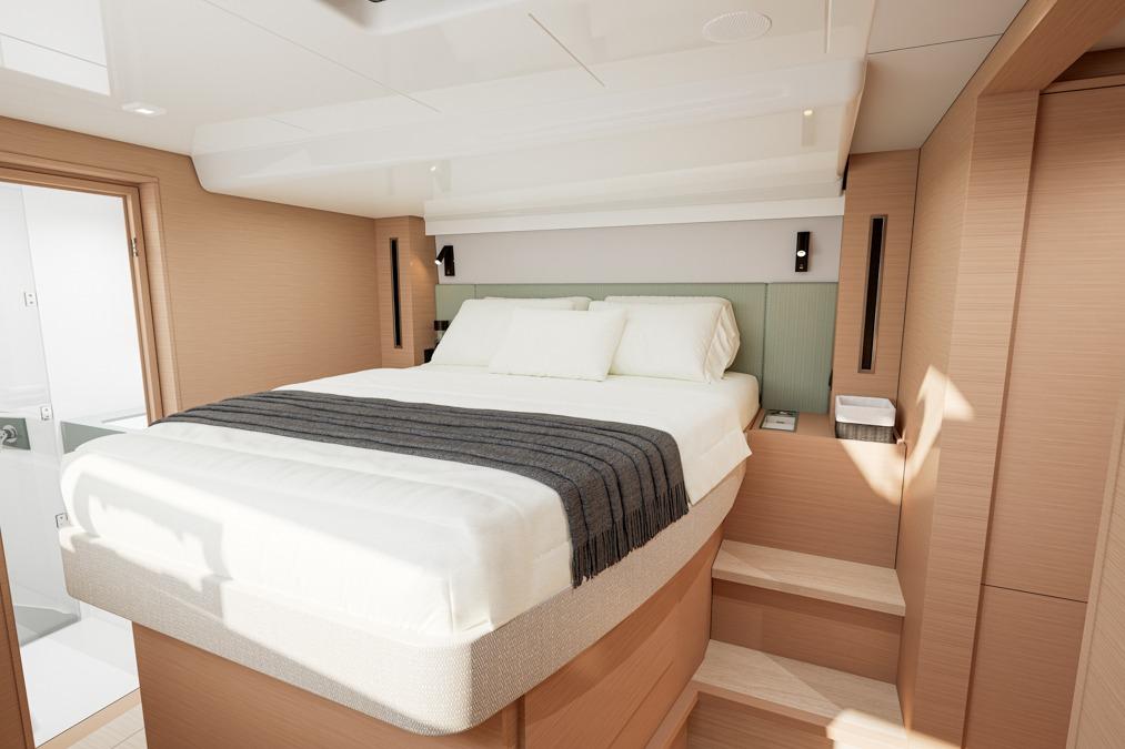 Luxurious bedroom in Lagoon 47 catamaran, model year 2026.
