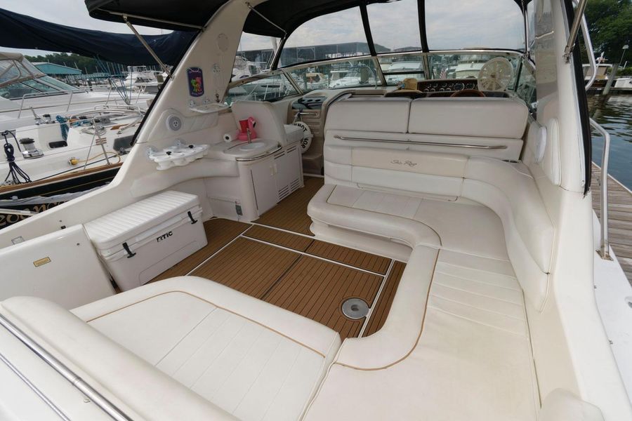 Interior of a 1998 Sea Ray Sundancer 370 yacht at the marina.