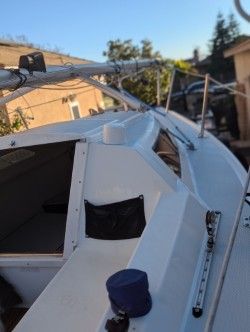 2002 Catalina Capri sailboat in harbor, close-up of deck.