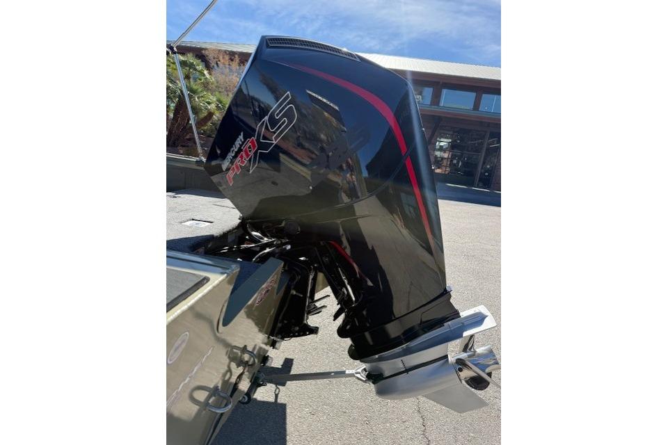 Outboard motor on 2026 Tracker Targa V-19 WT boat, featuring Mercury Pro XS engine.