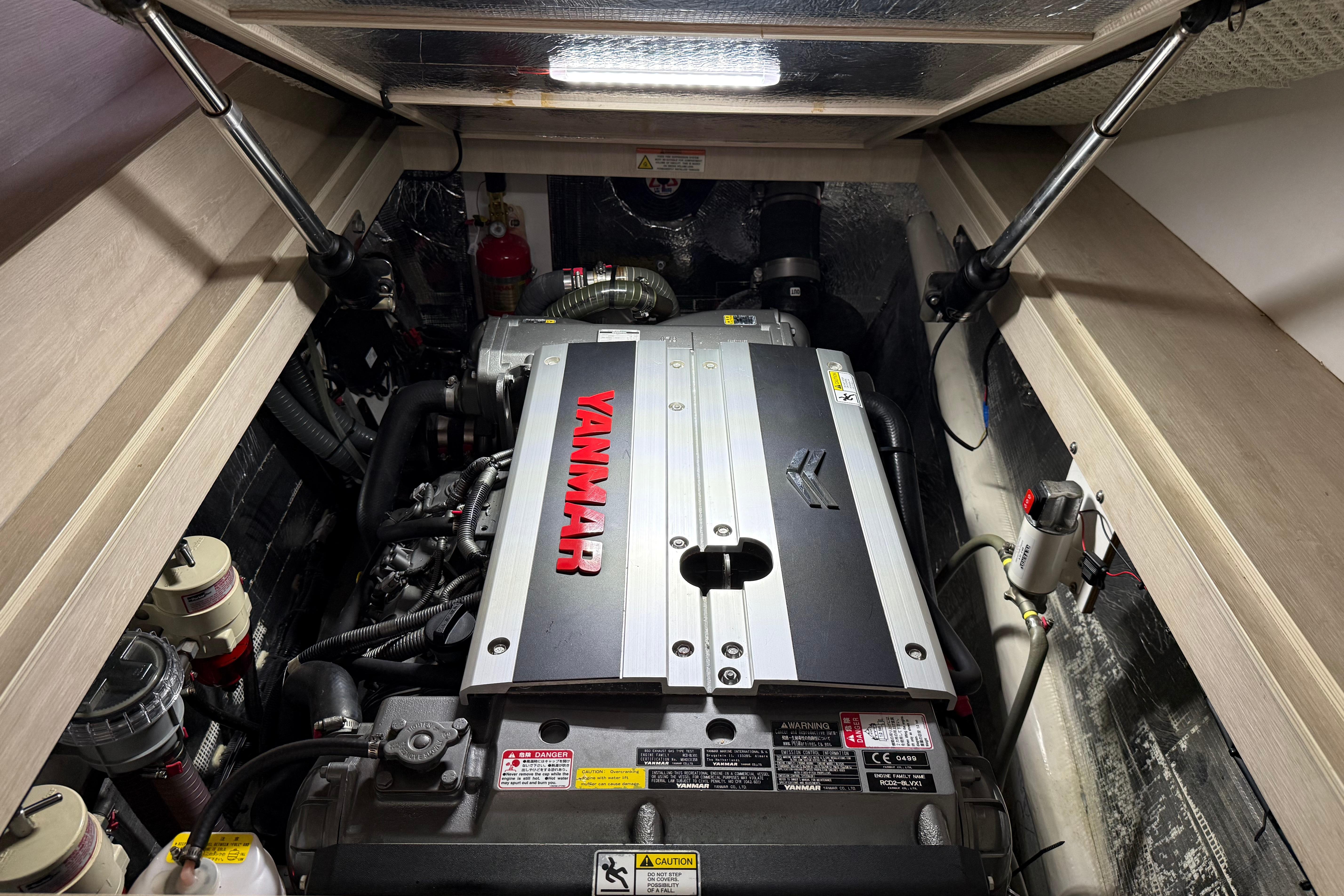 Engine compartment of a 2021 Leopard 43 Powercat featuring a Yanmar engine.