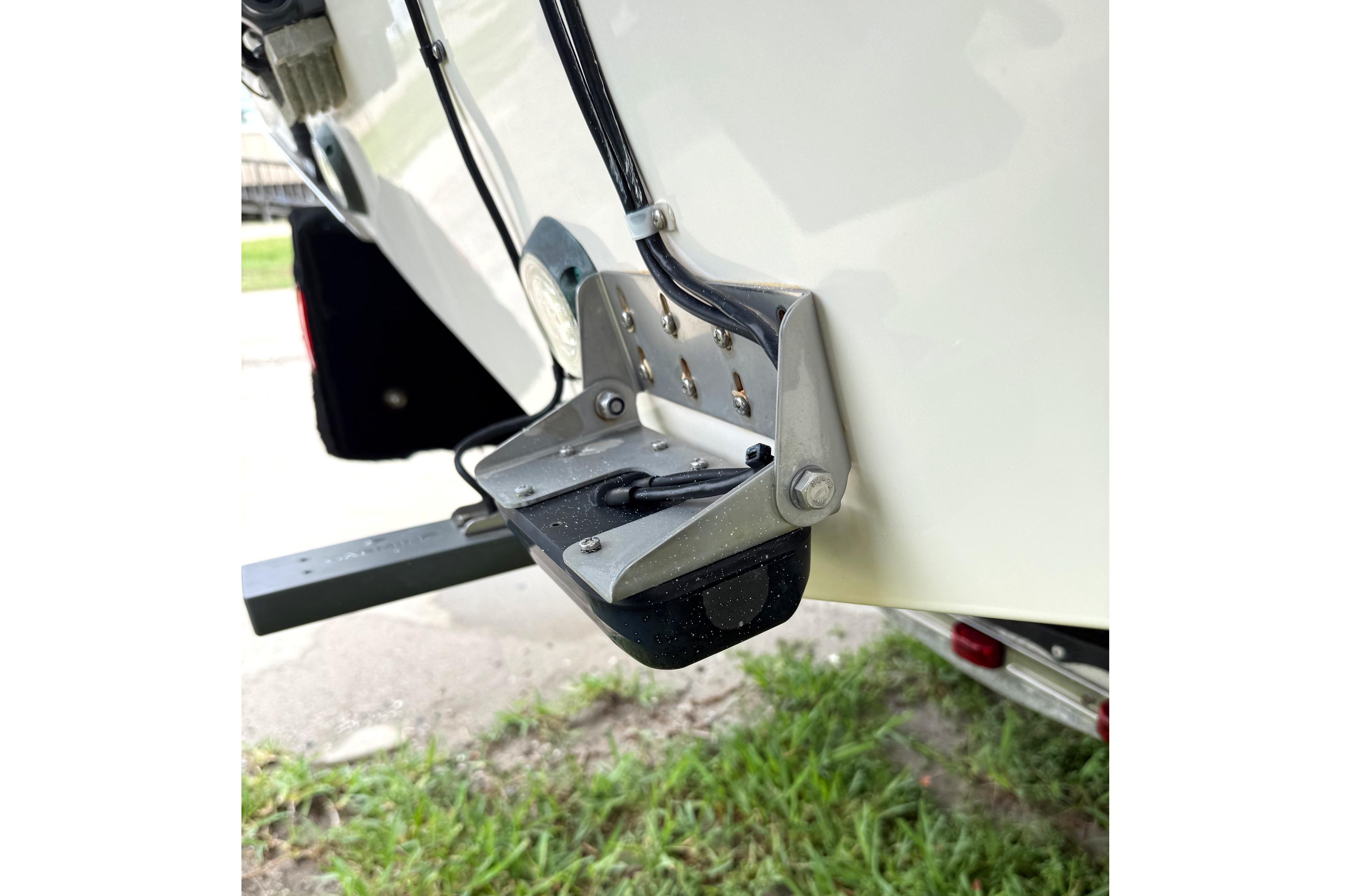 2018 Grady-White Canyon 306 boat transom detail with mounted hardware.