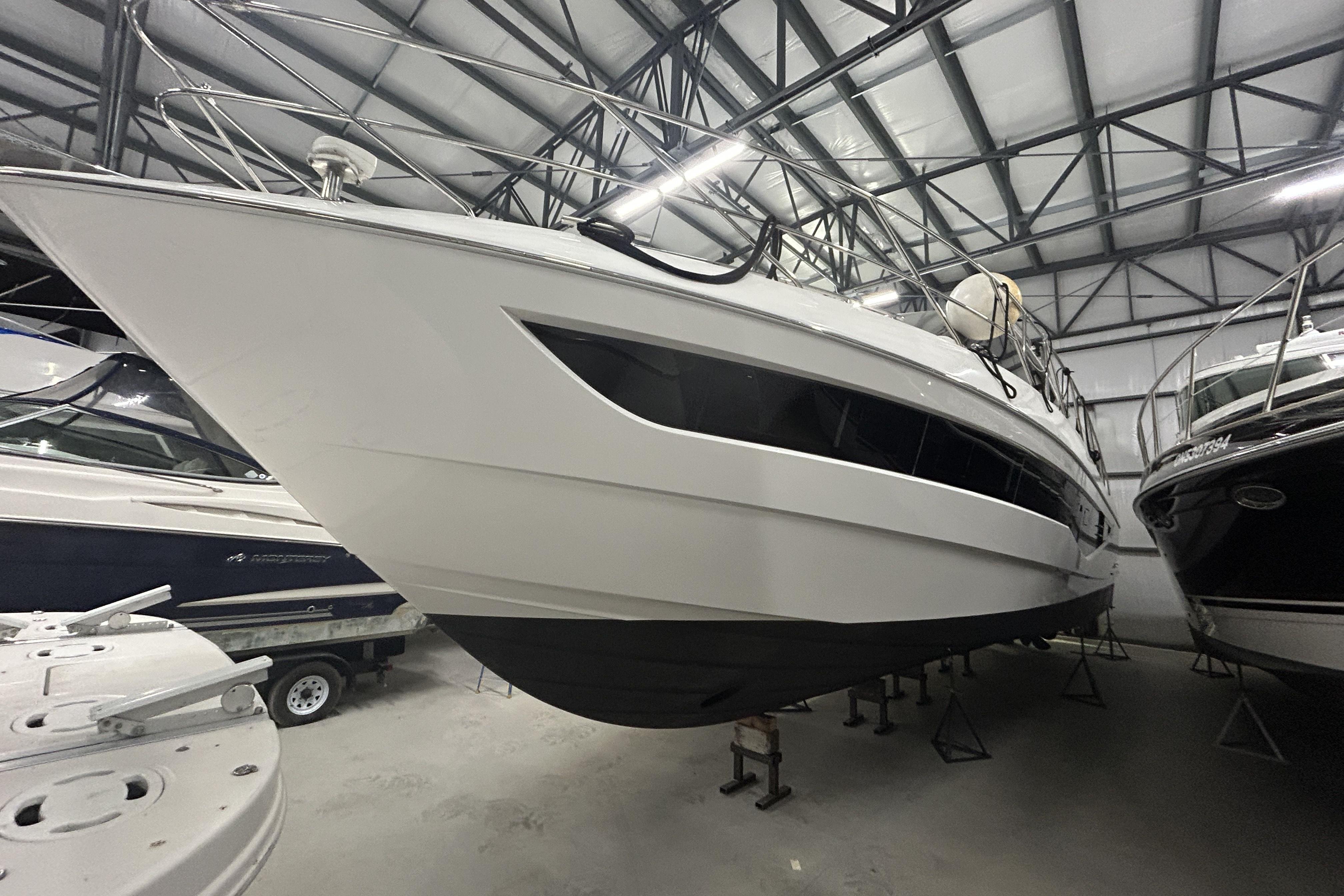 2018 Galeon 560 Sky yacht in indoor storage facility.