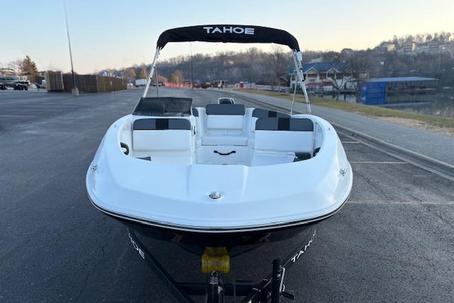 2026 Tahoe T16 boat on trailer, parked in outdoor setting.